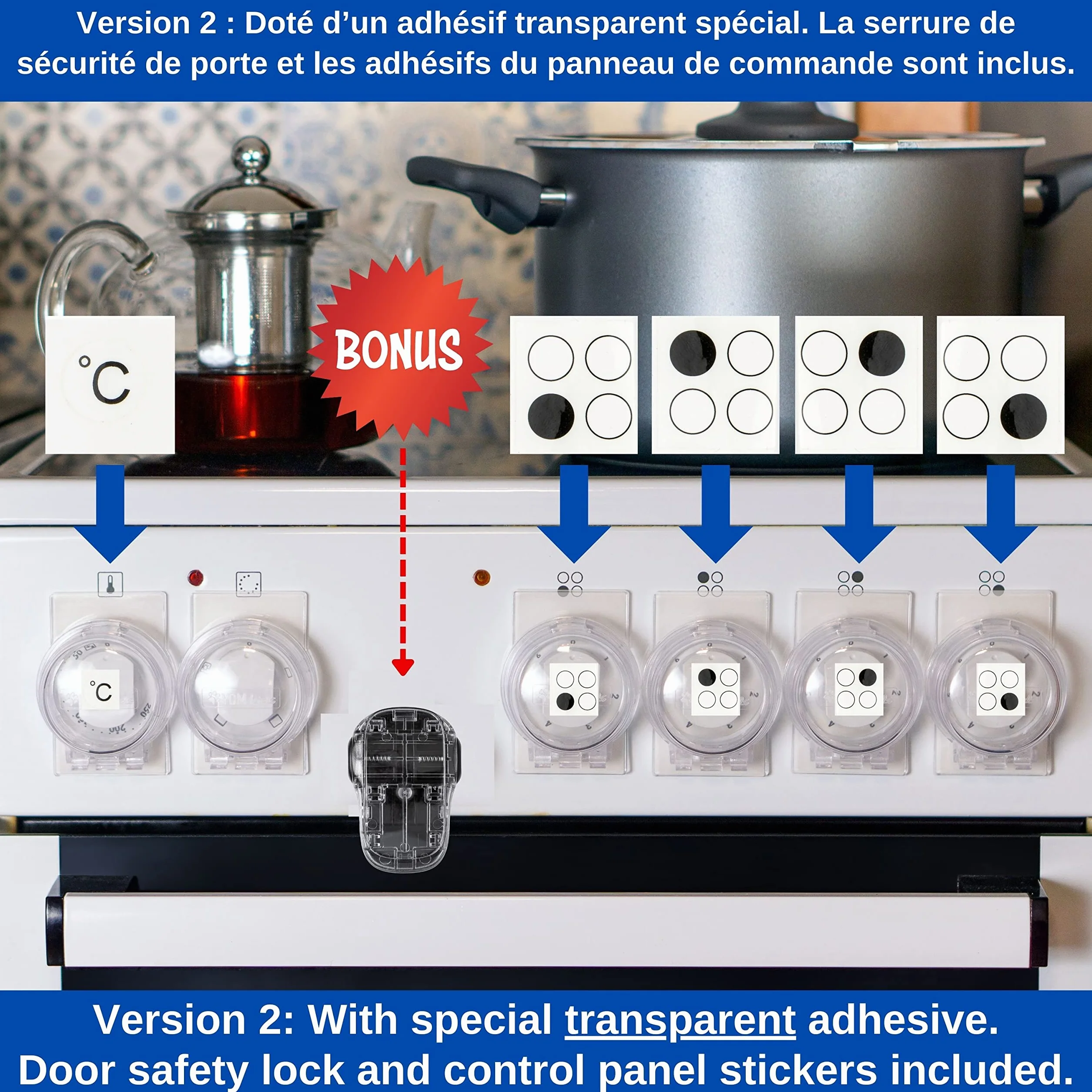Cache-Boutons de Cuisinière et Verrou pour Four, Jeu de 7, Ø max. 4,9 cm, Distance centre 6,1 cm, Protection Enfants