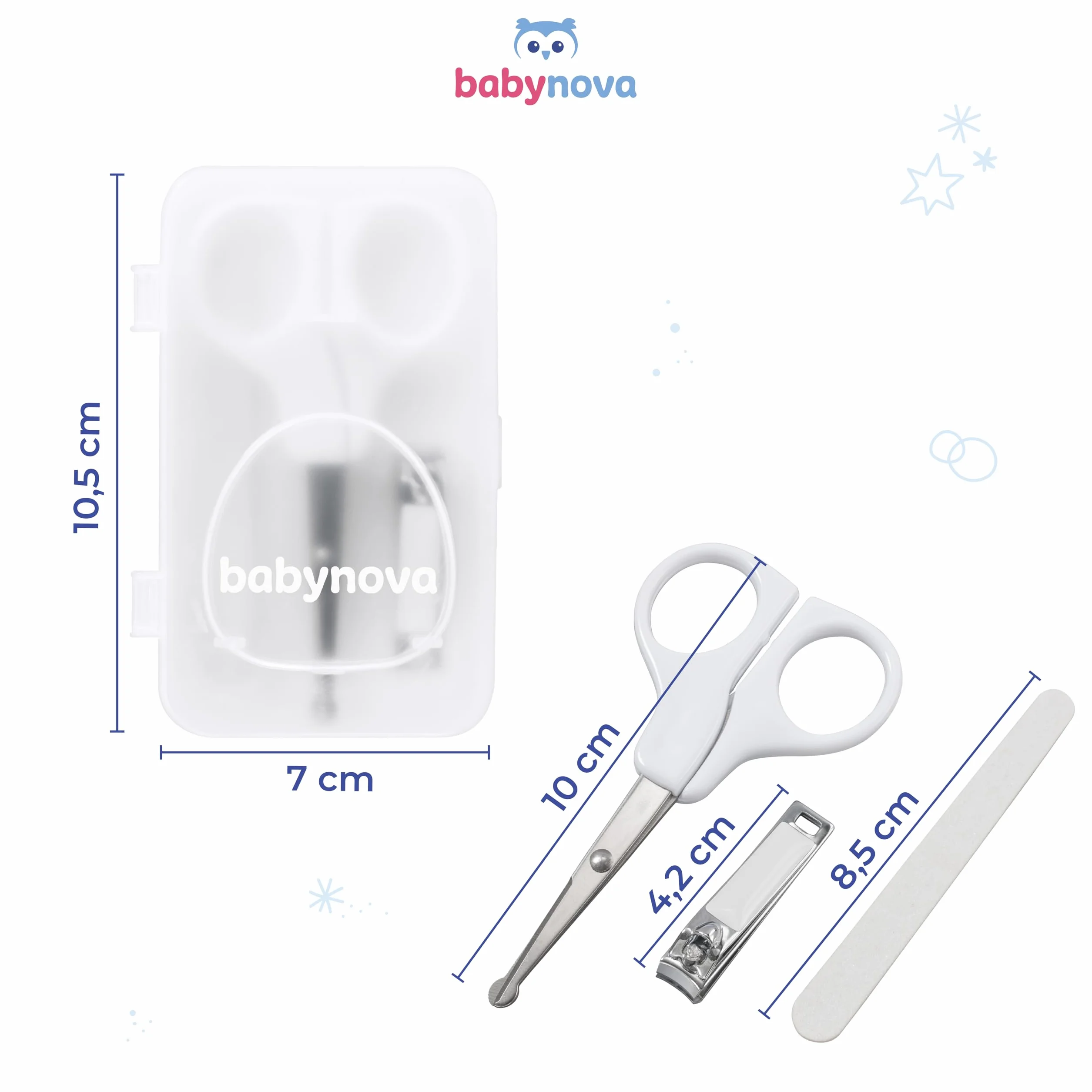 Babynova Set Manucure Bébés – Kit Soin Ongles Sûr avec Ciseaux Pointe Arrondie, Coupe-Ongles & Lime – Boîte Rangement Voyage Usage Quotidien Sans BPA