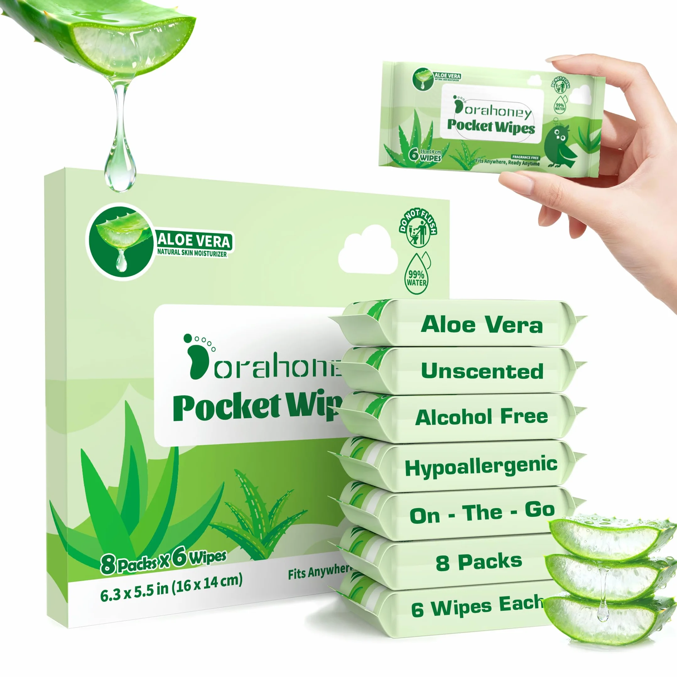 Lingettes Humides Voyage Aloe Vera Mini Poche 99% Eau Sans Parfum Hypoallergéniques 8 Paquets 48 Lingettes
