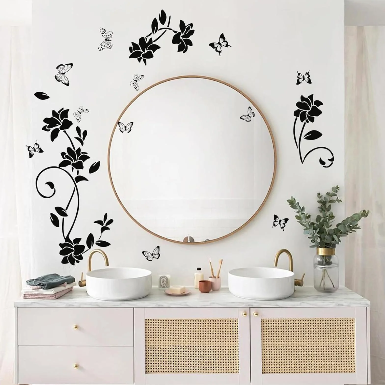 Autocollant Muraux Noir Design Moderne Fleurs Vigne Papillons PVC 30x90cm Decoration Miroir Fenêtre Salon