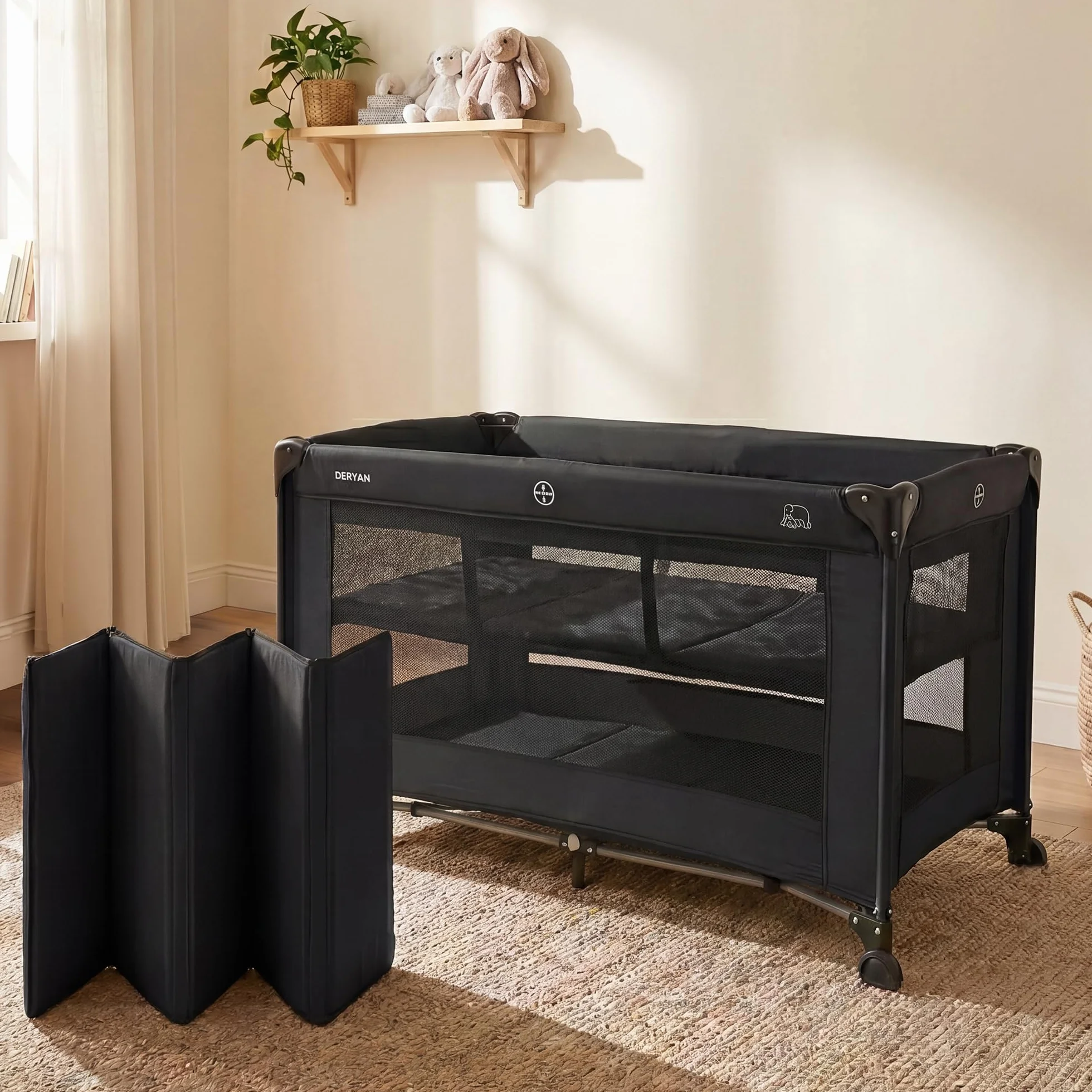 Lit Parapluie 2 en 1 Deryan pour Bébé 120x60 cm Noir avec Étagères et Sac de Transport