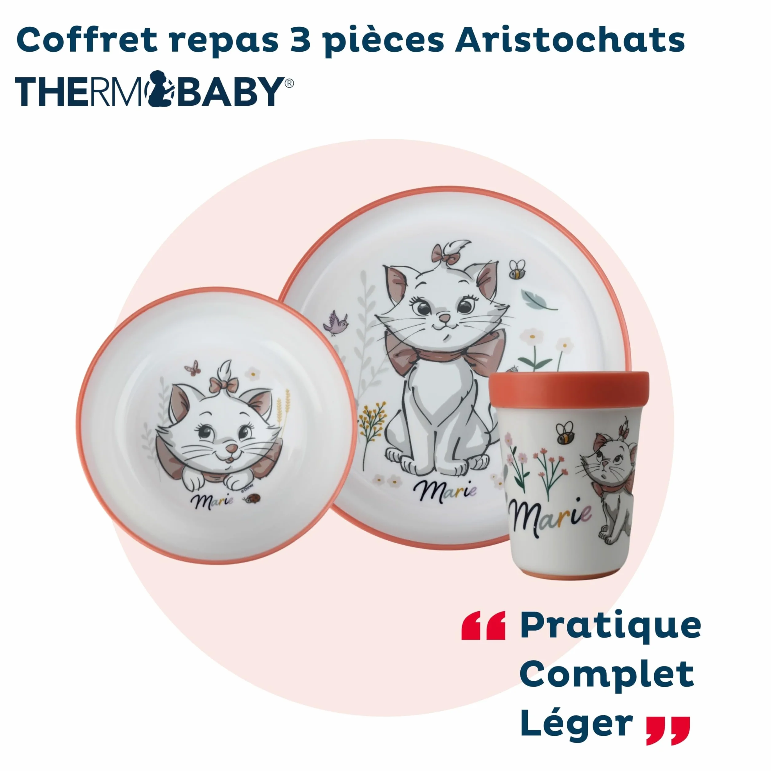 Disney Baby Aristochats Marie Coffret Repas 3 Pièces Bol Assiette Gobelet Anti-Dérapants Blanc