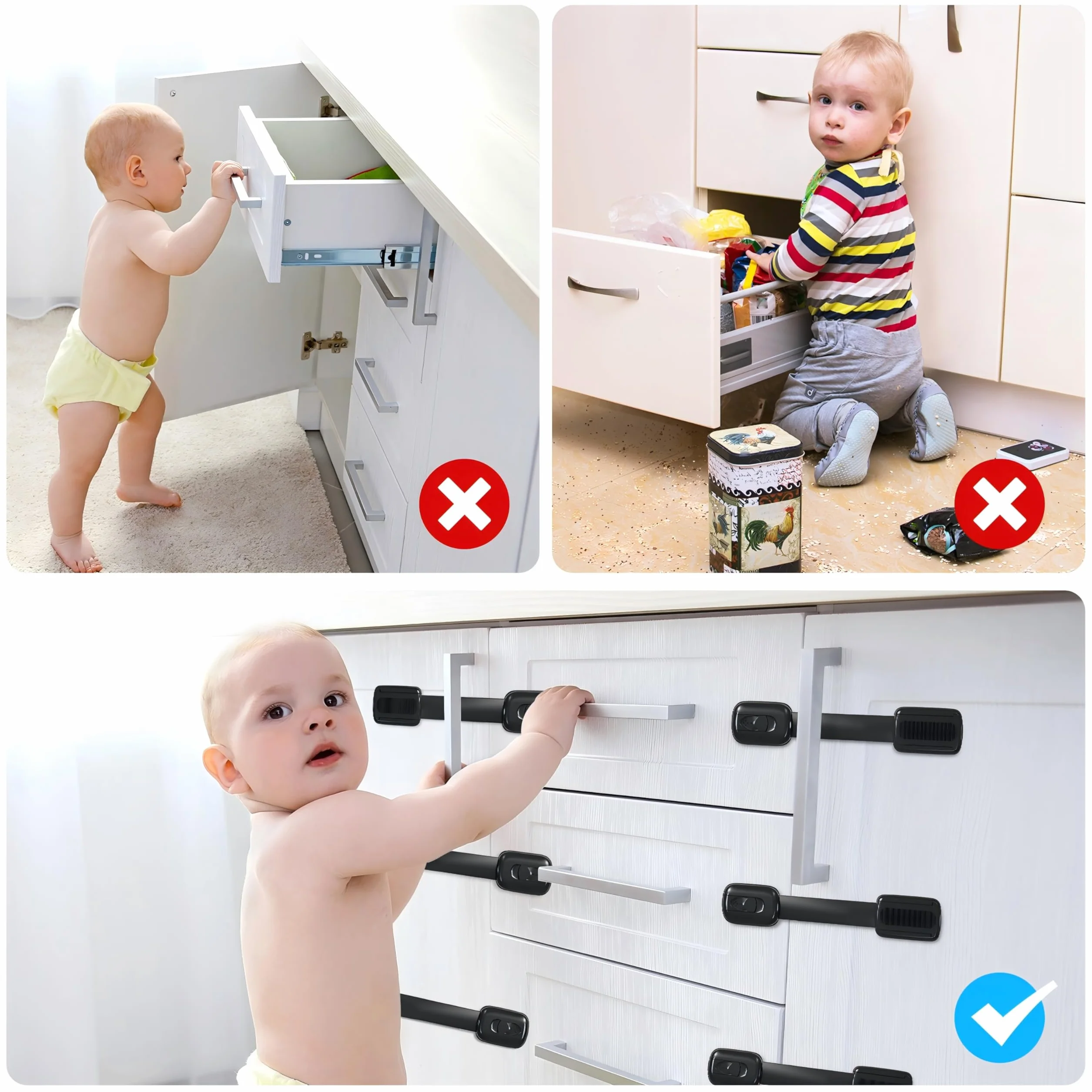 Lot de 8 Serrures de Sécurité pour Placard Enfants avec Adhésif 3M, Bébé Sécurité sans Perçage (Noir)