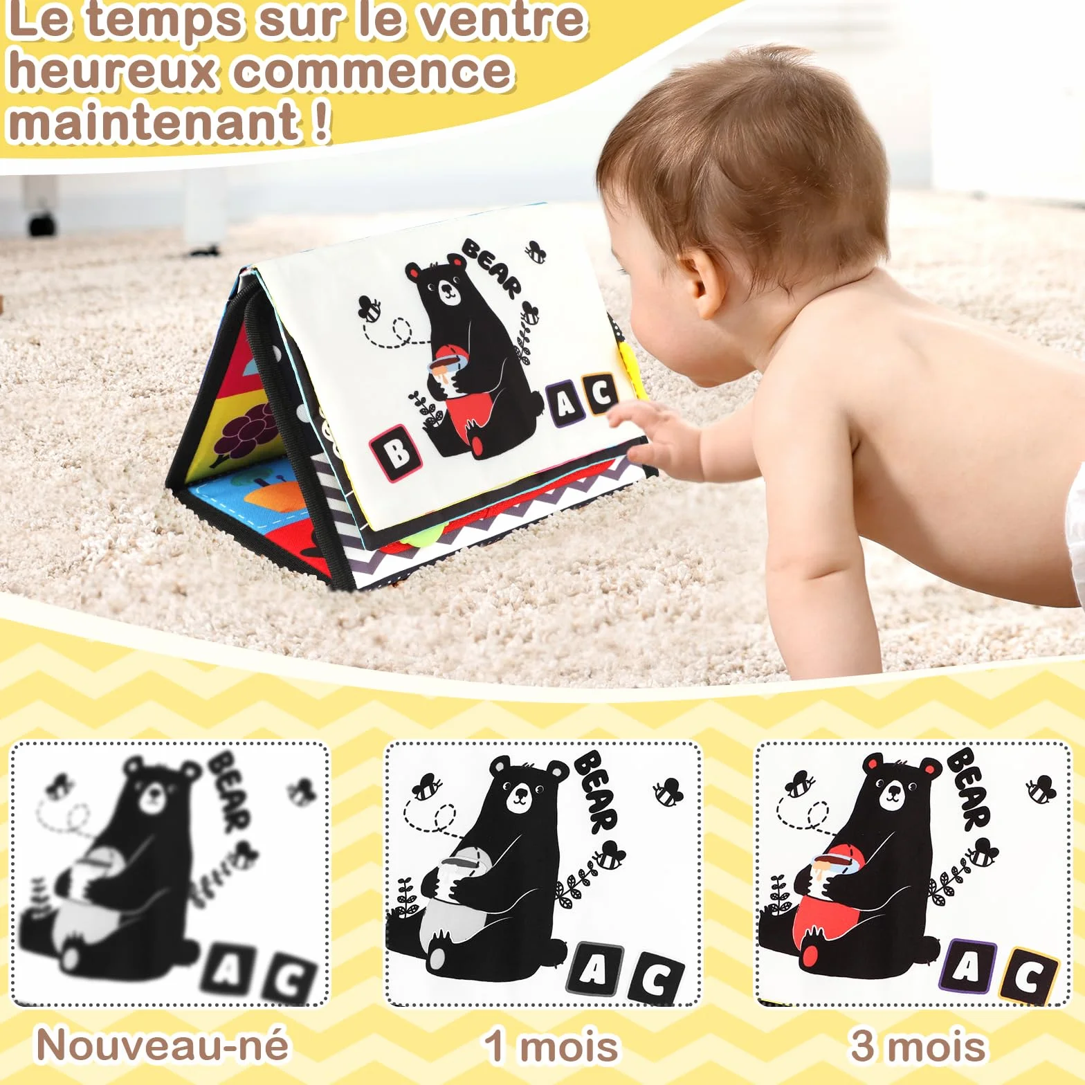 URMYWO Jouet Bebe 0-12 Mois Miroir d'Éveil Pliable Montessori Noir et Blanc à Motifs Contrastés