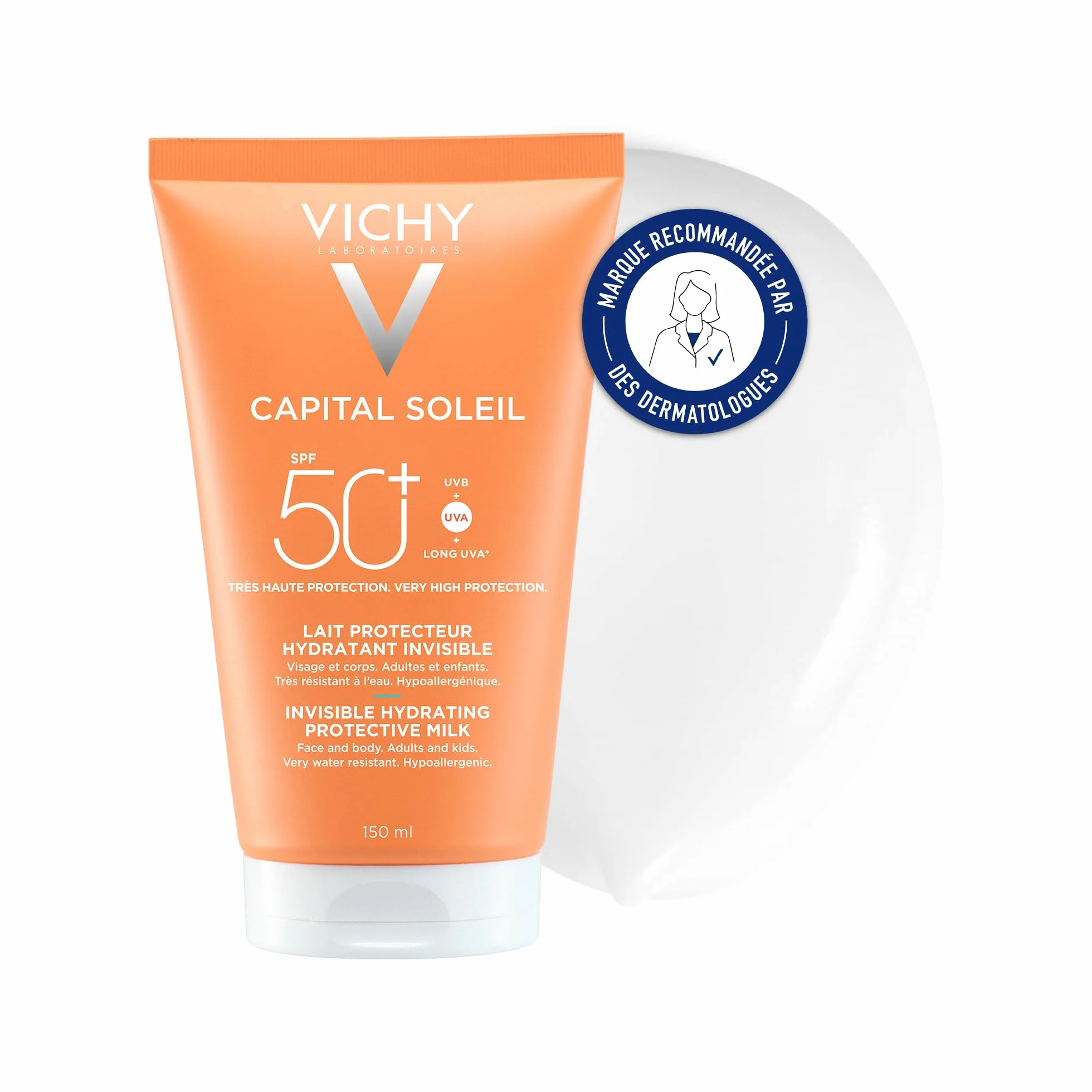 Vichy Capital Soleil Lait Hydratant Invisible SPF50+ Protection Solaire Visage Corps 150 ml