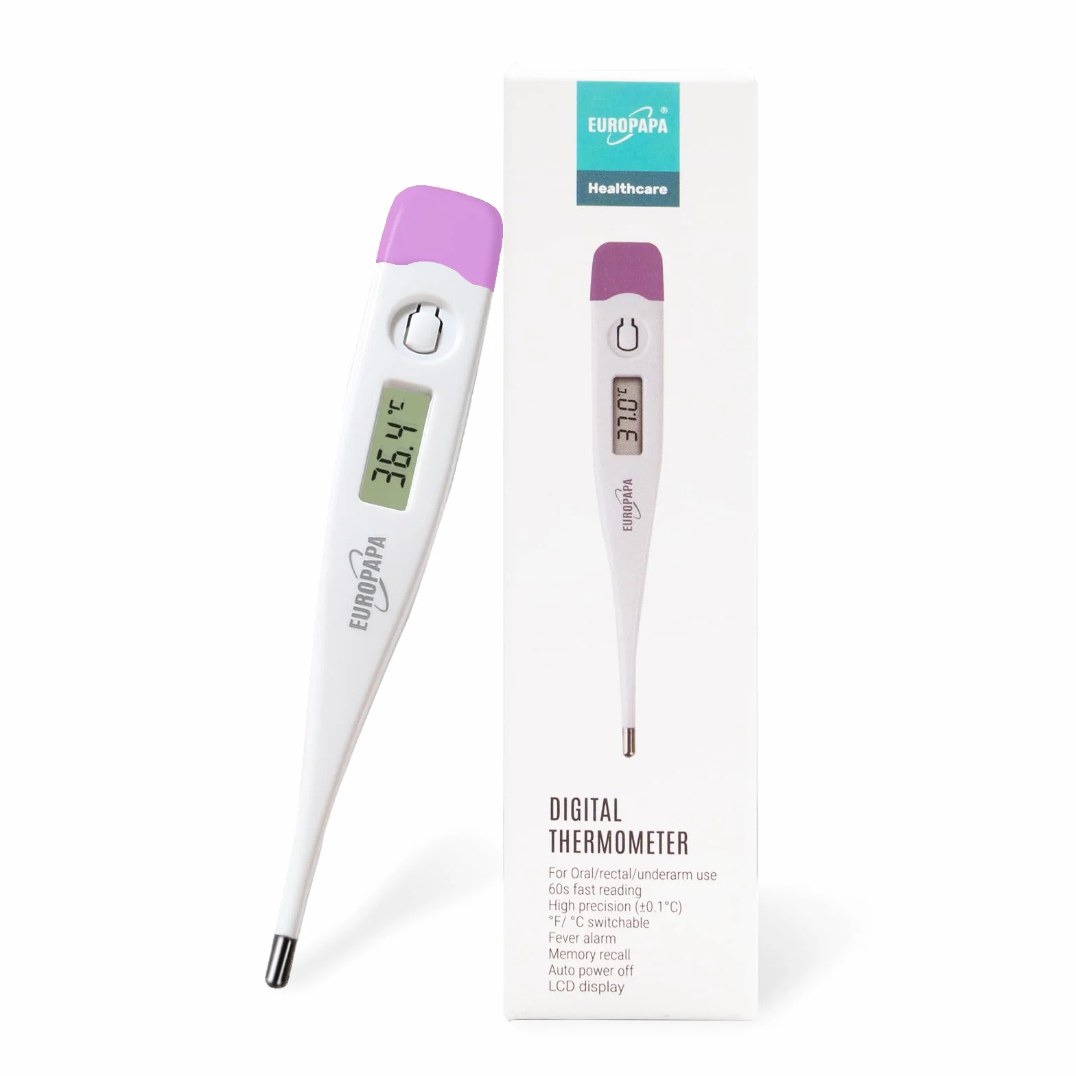 EUROPAPA Thermomètre numérique bébé enfant adulte oral axillaire rectal étanche alarme fièvre Violet