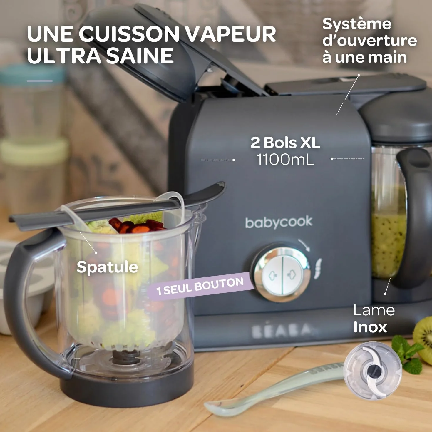 BÉABA Babycook Duo Robot Bébé 4 en 1 Mixeur-Cuiseur Cuisson Vapeur 15min 2200 ml Dark Grey