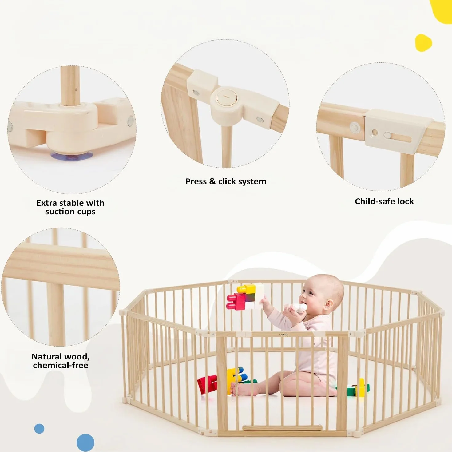 Parc bébé pliable en bois naturel 152x76 cm avec porte sécurisée et ventouses antidérapantes