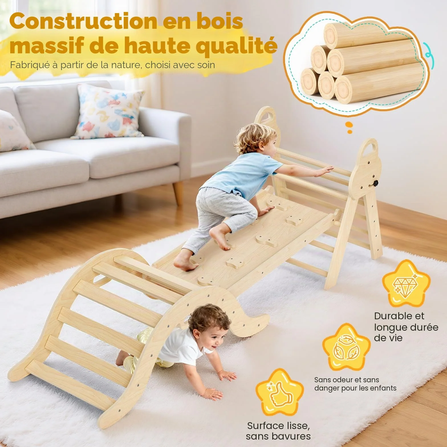Kit de portique d'escalade Montessori 7 en 1 triangle d'escalade d'intérieur arche avec coussin et toboggan jouet en bois pour 1 à 5 ans