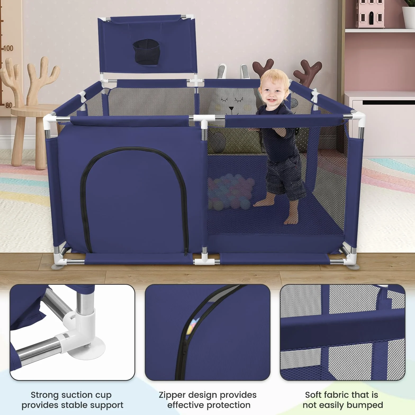 Parc Bébé Modulable Grand Centre d'Activités pour Enfants 126x126x66cm Bleu Marine avec 50 Boules Plastiques