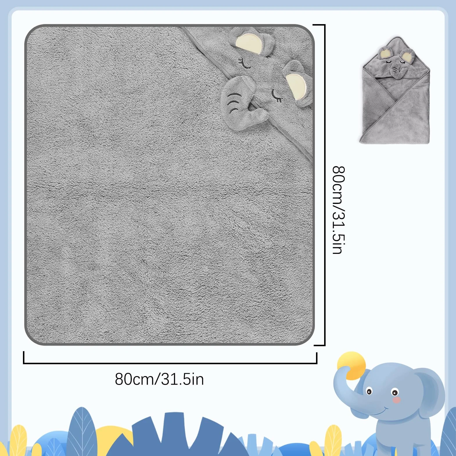 Serviette de Bain Bébé avec Capuche 80 x 80 cm Design Éléphant Gris