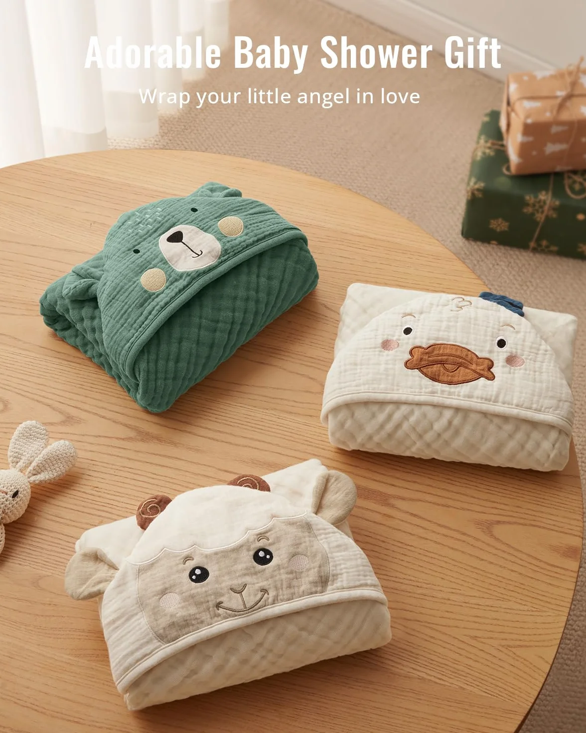 Blissful Diary Lot de 2 Cape de Bain Bébé en Muslin, Serviette de Bain à Capuche, Ours & Agneau