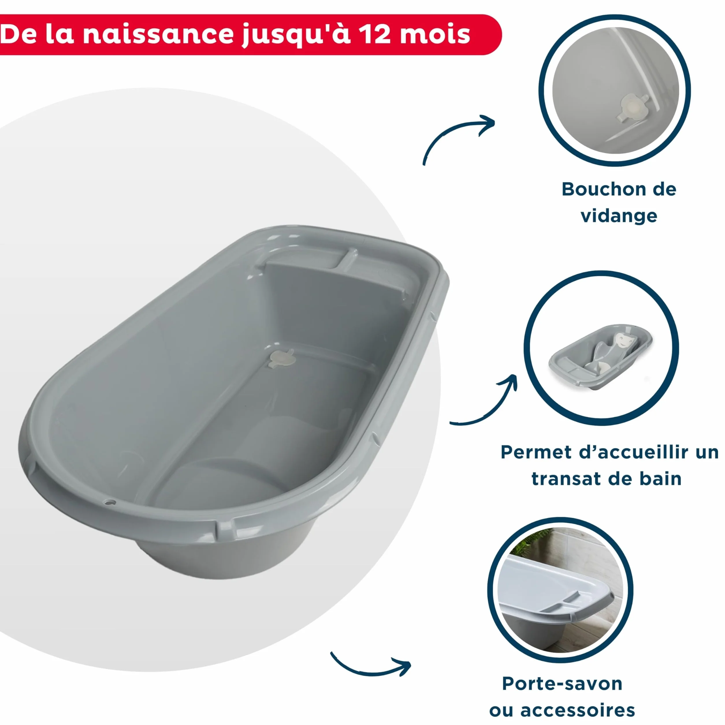 THERMOBABY Baignoire LUXE Bain de bébé Gris Charme Fabriqué en France