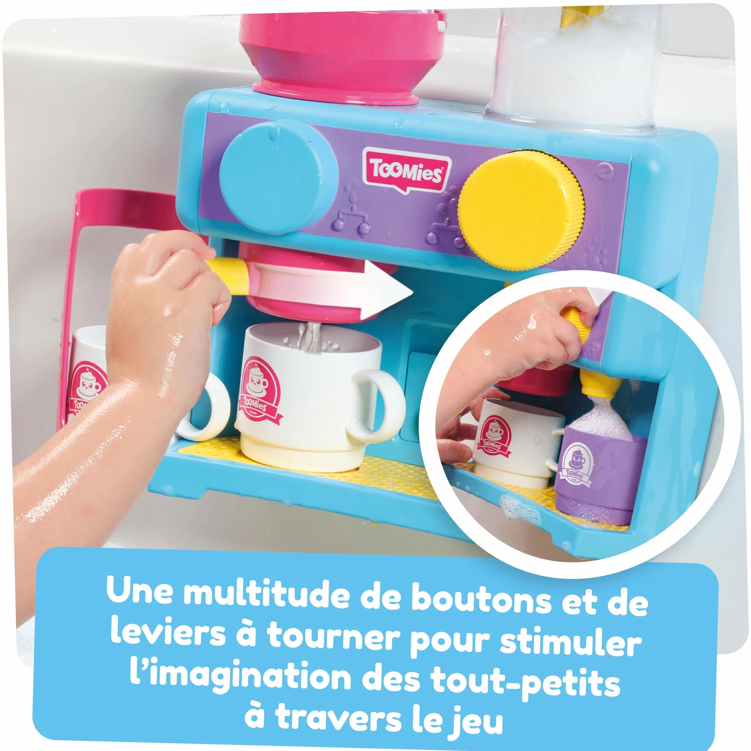 TOMY Toomies Machine à café pour le bain - Jouet de bain bébé avec 3 tasses, 1 pot et 1 shaker - À partir de 18 mois