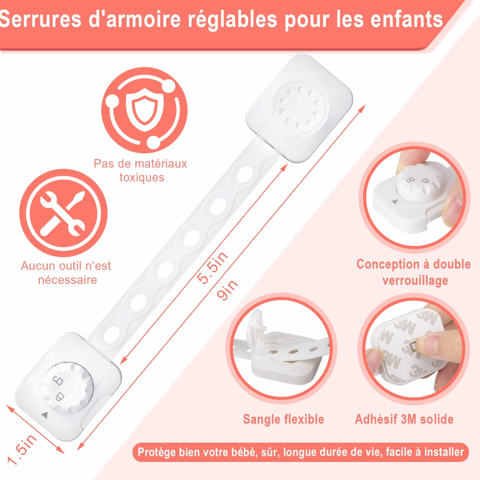 REDTRON Lot de 6 Bloque tiroir sécurité enfant bébé, Verrouillage amélioré, Blanc, sans outil pour tiroir four toilettes réfrigérateur