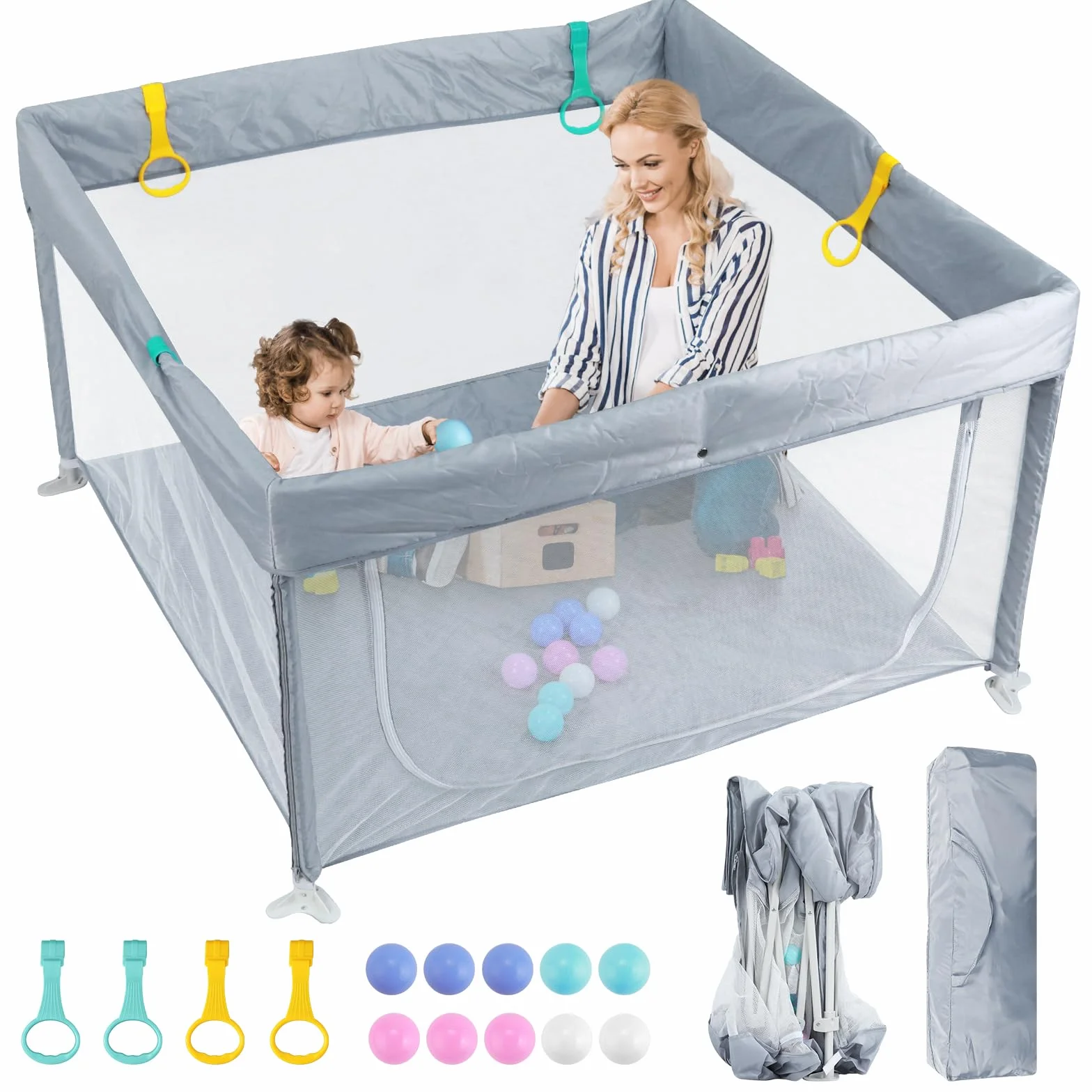eSynic Parc Bébé Pliable 120x120cm avec 10 Boules et 4 Poignées Gris