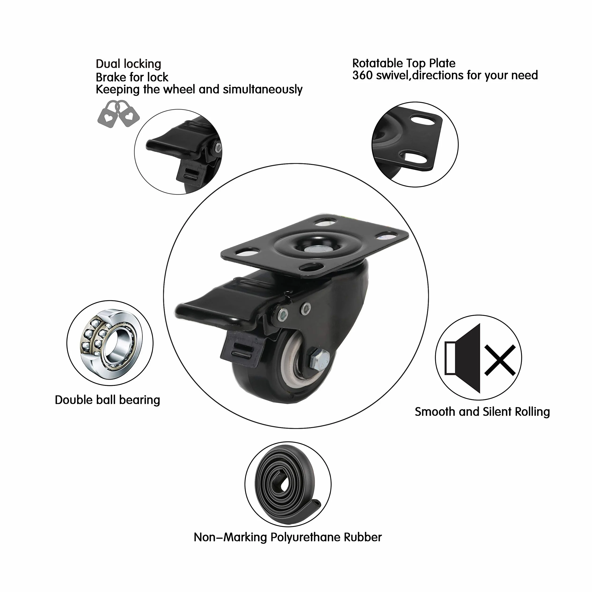 Roulettes Pivotantes avec Frein pour Meubles Charge Lourde 50mm 270KG Roue en Caoutchouc