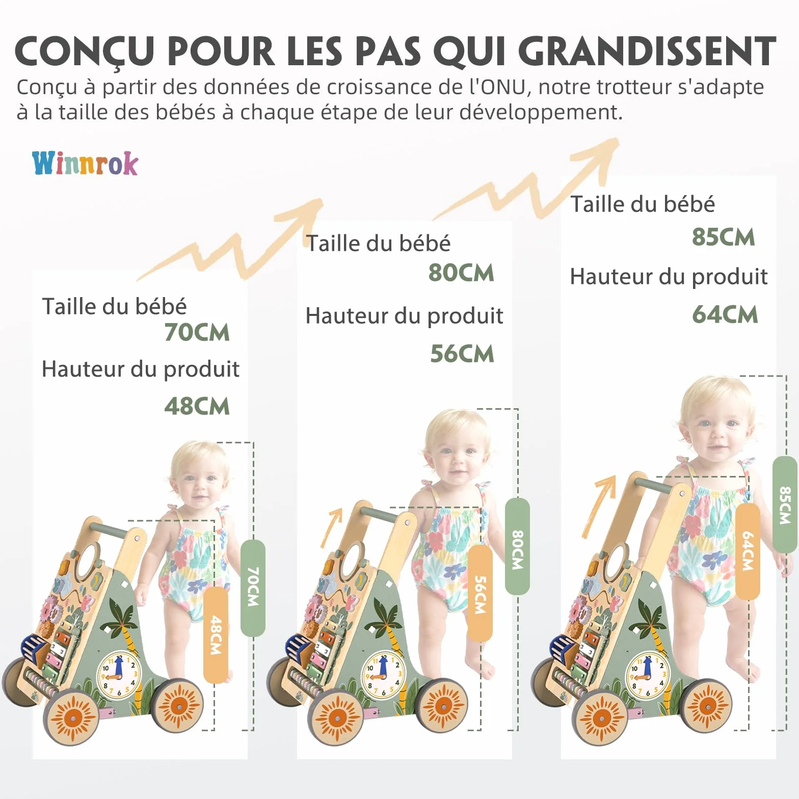 Chariot de Marche en Bois Montessori pour Bébé, Centre d'Activités, Trotteur Réglable 6-24 Mois