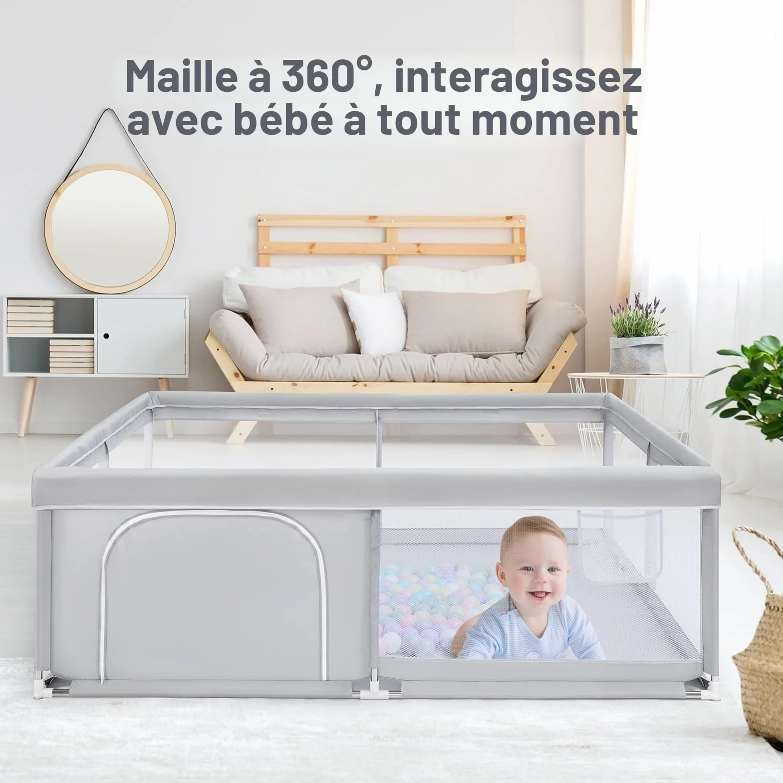 Grand Parc pour Bébé BEJOY XXL 180x200cm Protection Mousse Antidérapant Porte Fermeture Éclair Ronde Maille Respirante