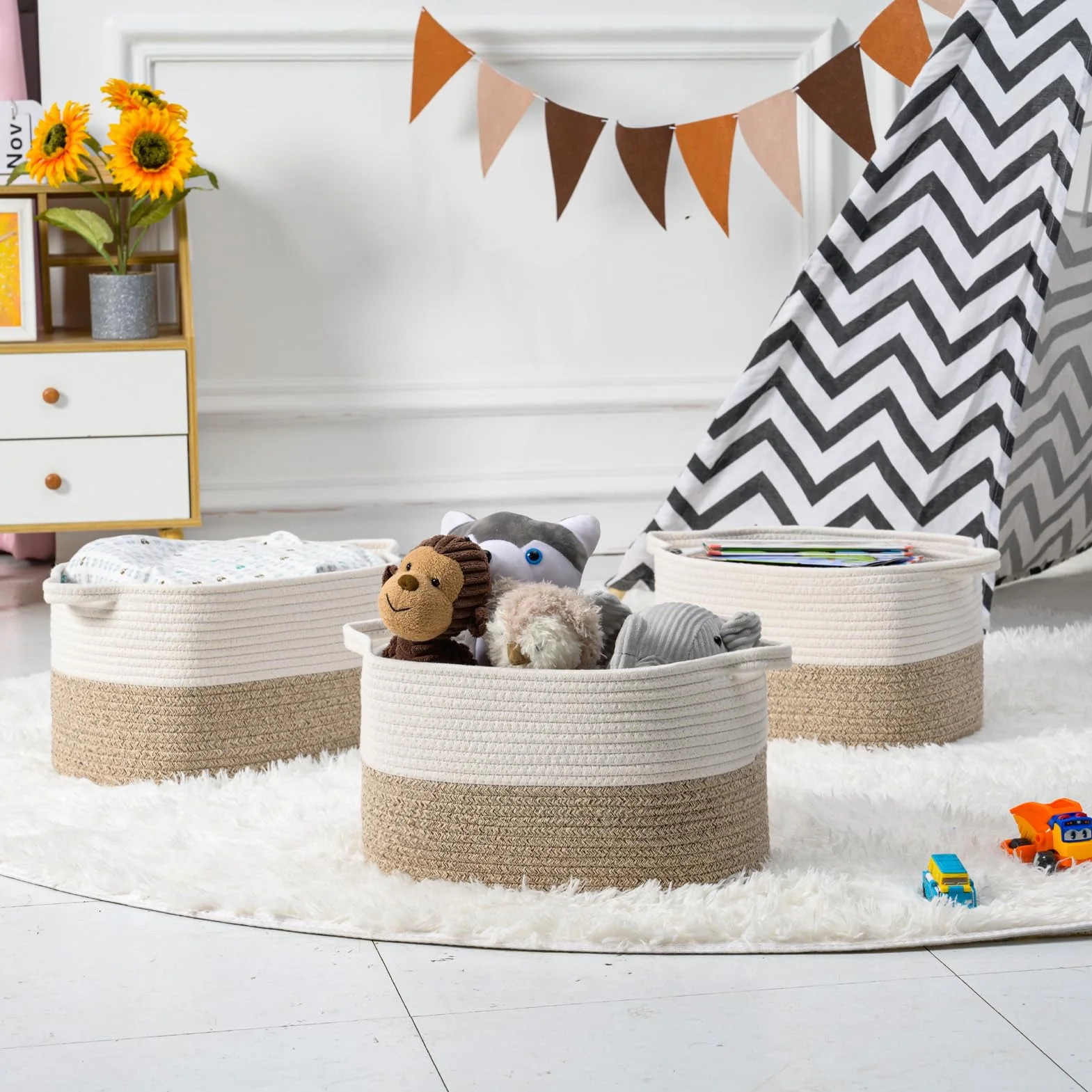 Lot de 3 paniers de rangement tissés en corde de coton 38 x 25 x 22 cm