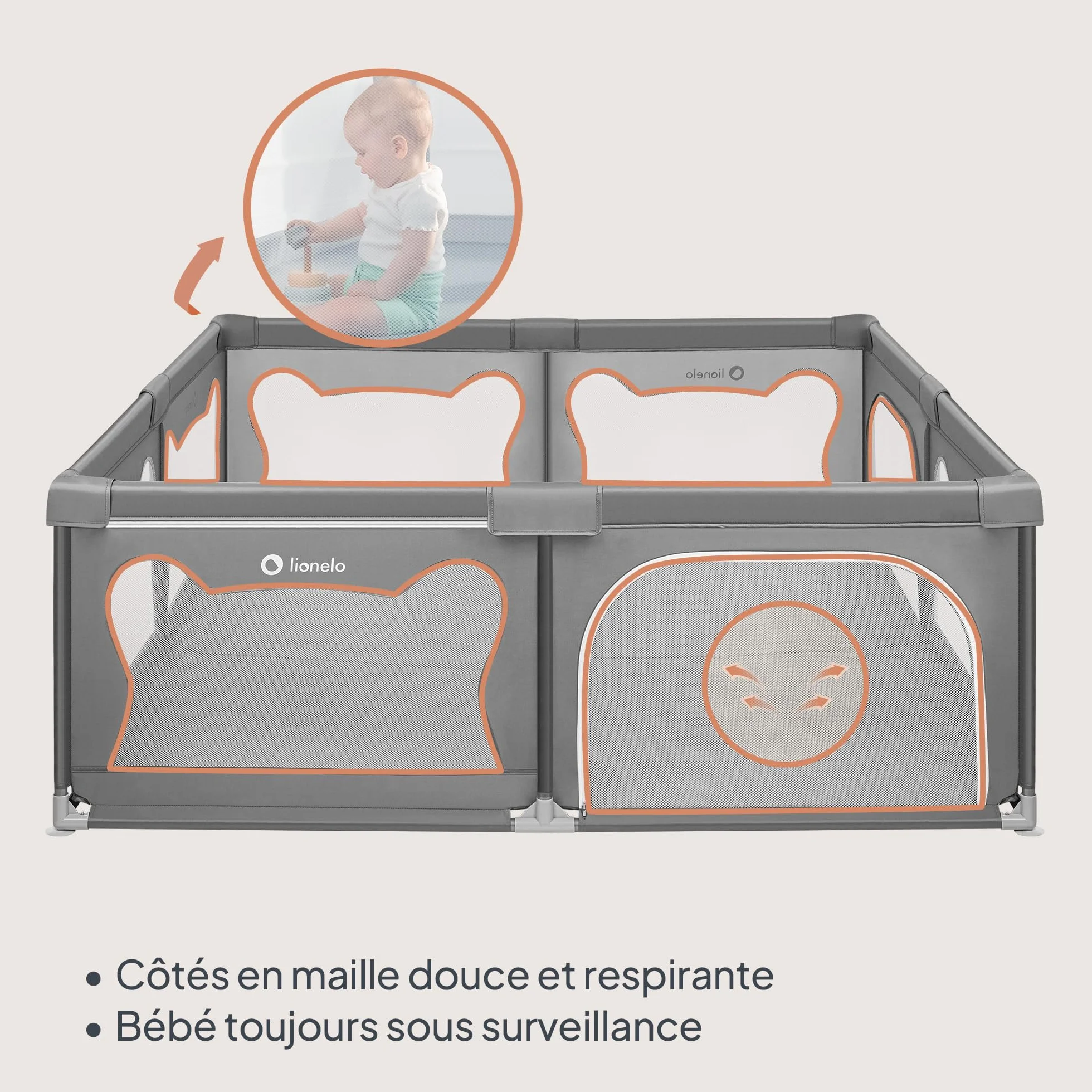 LIONELO WILLOW XL Parc Bébé Pliable 187x207x68 cm 0-48 mois Gris