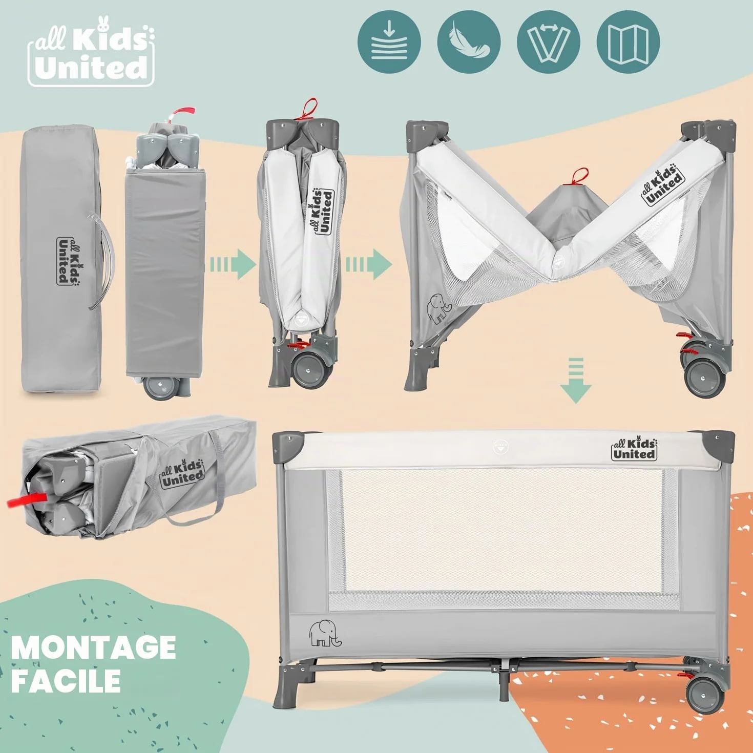 Lit de Voyage pour Bébé Deluxe all Kids United avec Matelas à Langer et Mobile Gris