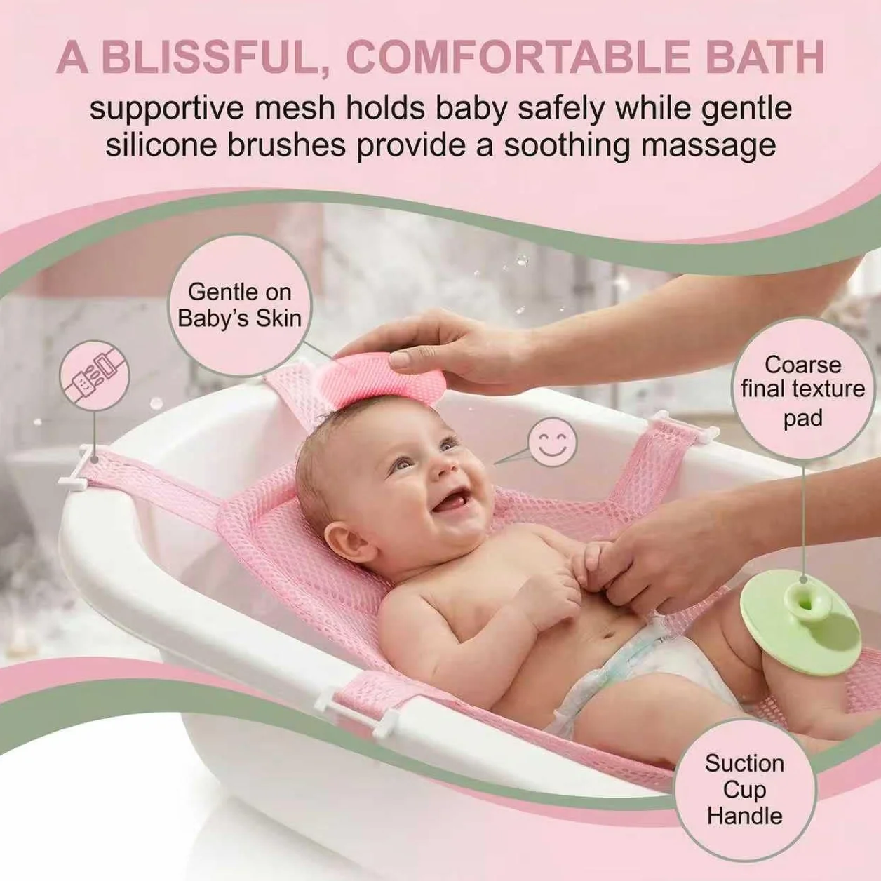 Hamac de Bain Antidérapant pour Bébé Pliable et Portable avec Deux Brosses à Shampooing (Rose)