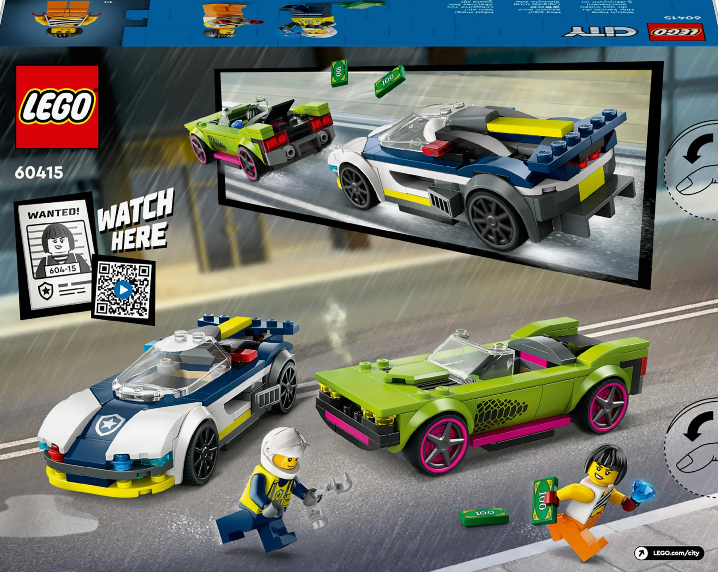 LEGO City La Course-Poursuite Entre la Voiture de Police et la Super Voiture, Jouet Imaginatif et de Rôles, Minifigurines d'Agent et Voleuse, Cadeau pour Garçons et Filles Dès 6 Ans 60415