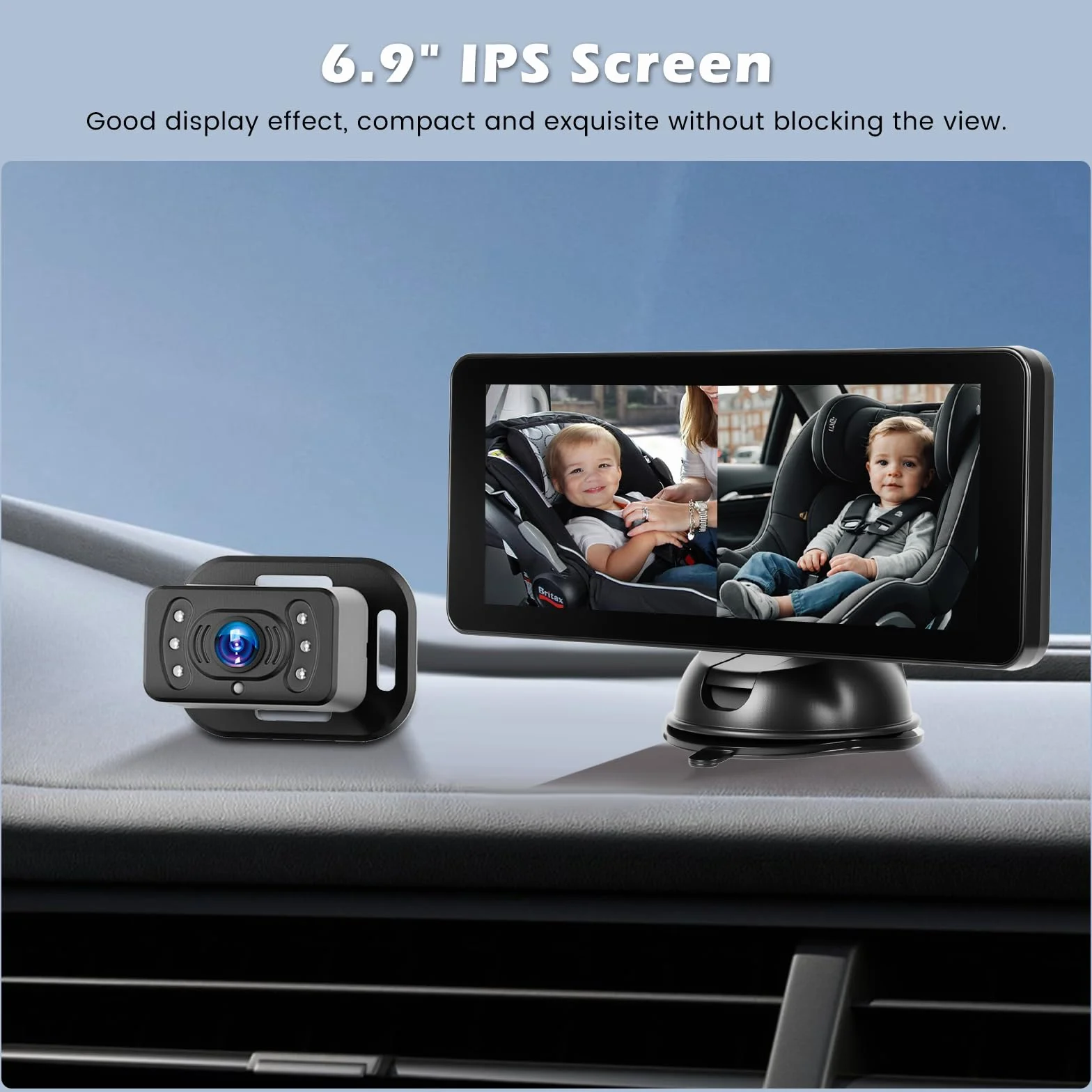 Caméra pour Siège Bébé avec Écran IPS HD 6,9" et Deux Caméras Arrière, Vision Nocturne, Caméra Pivotante 360°