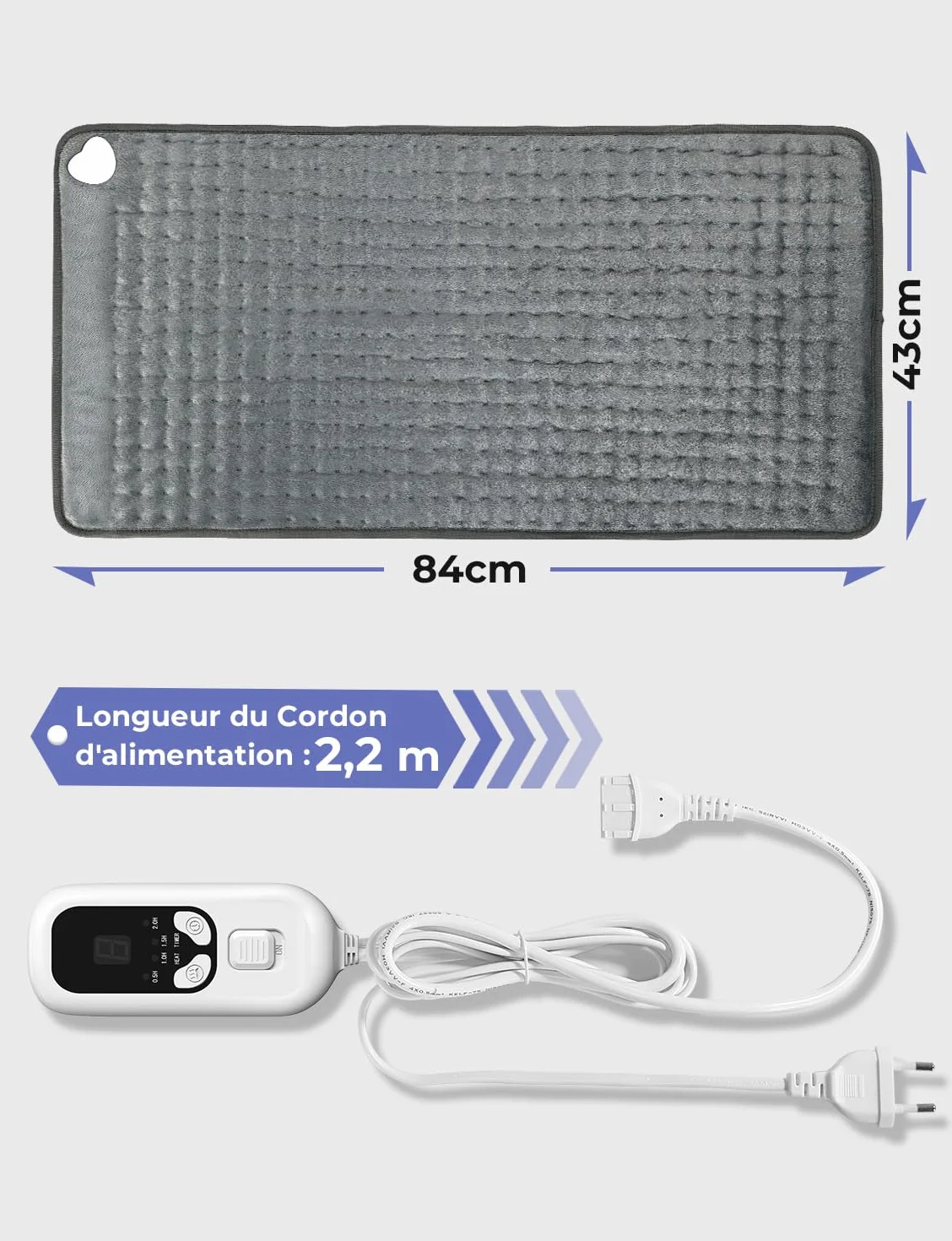 Coussin Chauffant Électrique pour Dos Épaules Abdomen 6 Niveaux de Température 4 Minuterie Lavable en Machine Gris Foncé 84 x 43cm