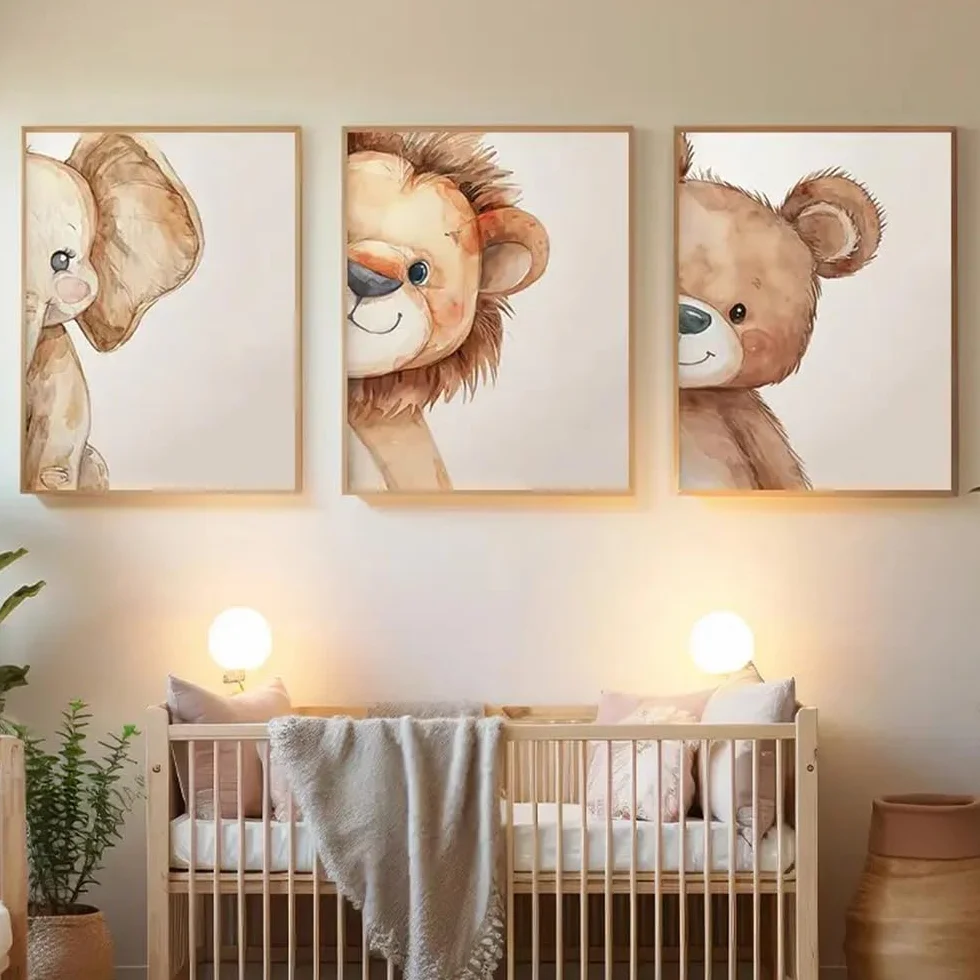 BeiYiHo Poster Enfant Animaux Bebe Ours Lion Elephant 30x40 cm Deco Chambre Bebe SANS CADRE