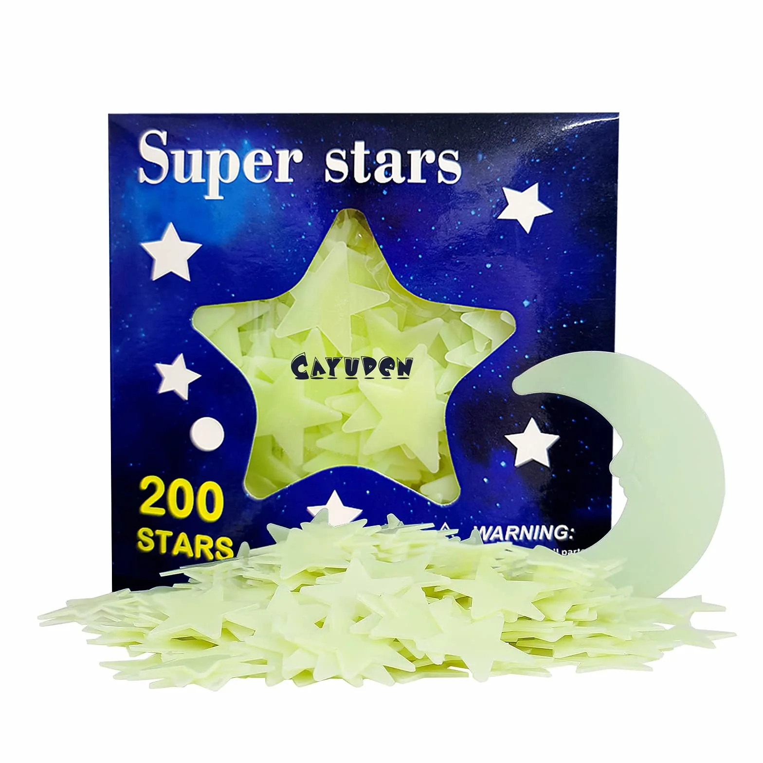 CAYUDEN Étoiles et Lune Kit 3D Phosphorescentes Adhésives 200 Pièces Fluorescentes Décoration Murale Lumineuse