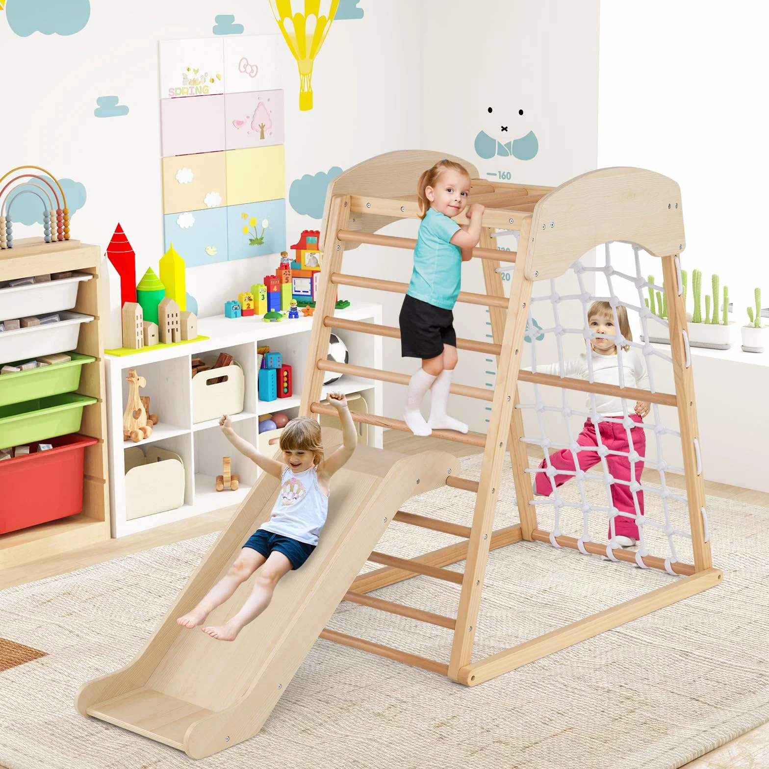 GOPLUS Triangle d'Escalade Montessori 4 en 1 avec Toboggan et Filet, Charge 50KG pour Enfants 1 an+