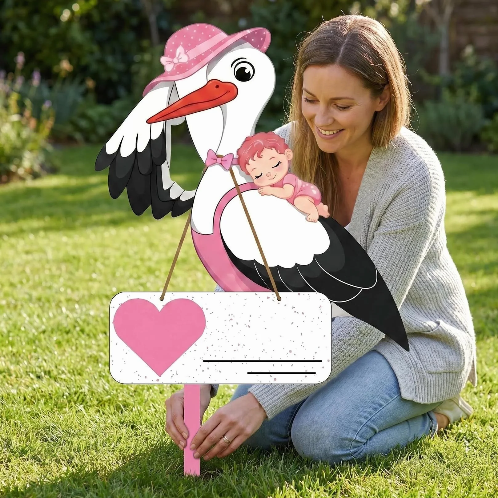 Cigogne à Clapette Naissance Bébé Imprimé Deux Faces Bâton Bois Plaque Nominative Intérieur Extérieur Cadeau (Rose)