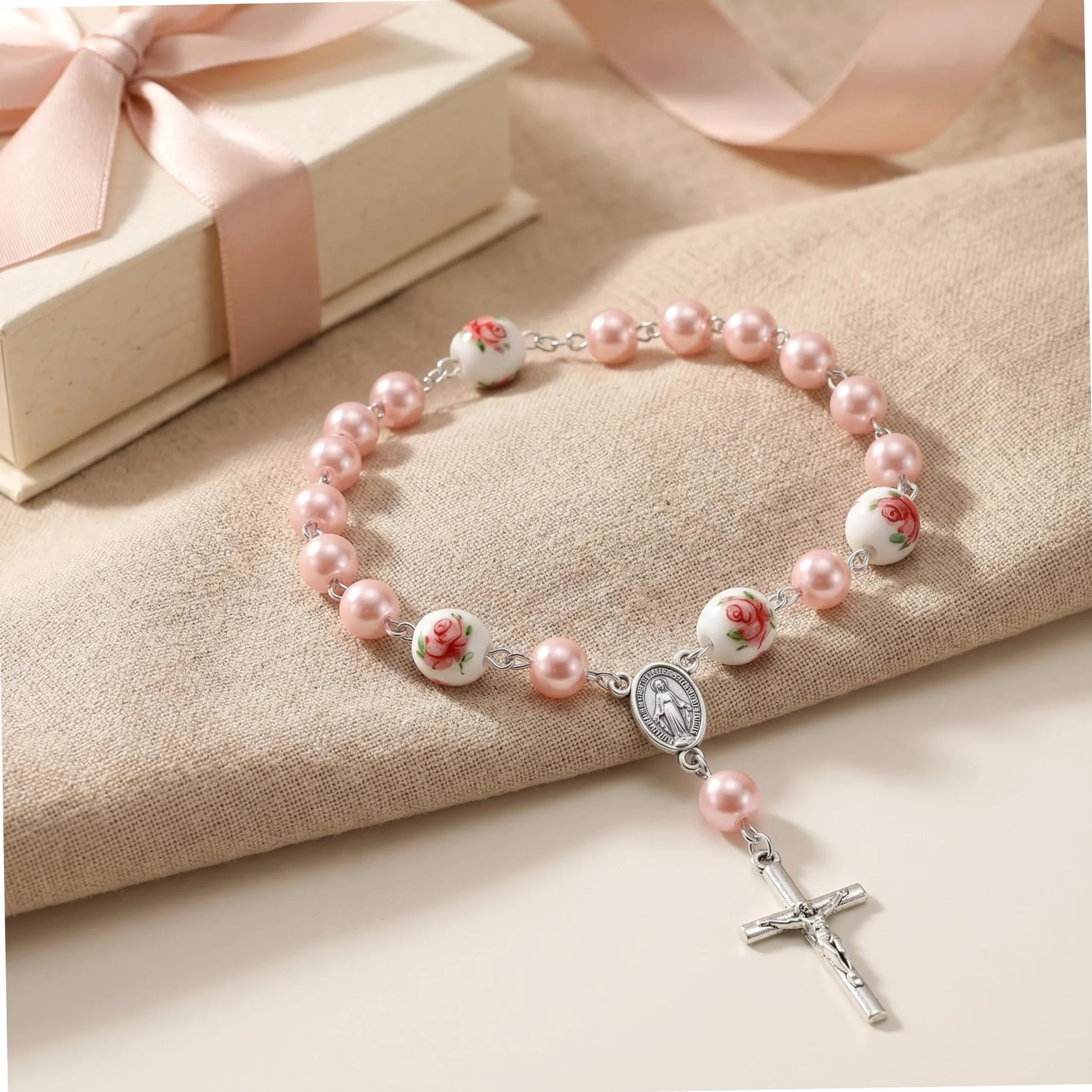 Chapelet de baptême 50 pièces perles fleurs céramique pendentif croix 2 pouces