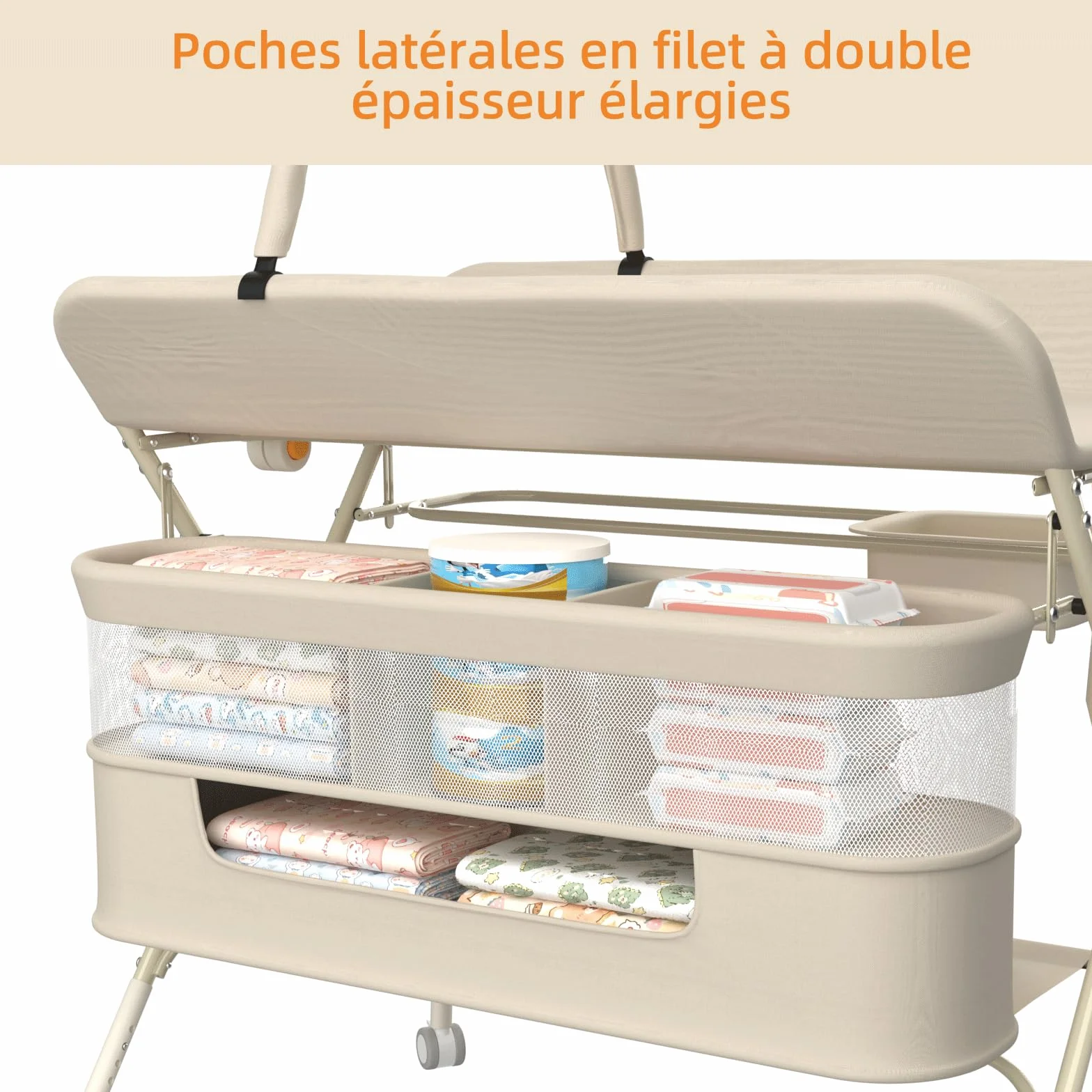 OHMG Table à Langer Pliable avec Panier Latéral et Roulettes, 5 Réglable en Hauteur, 75x68x83-91cm
