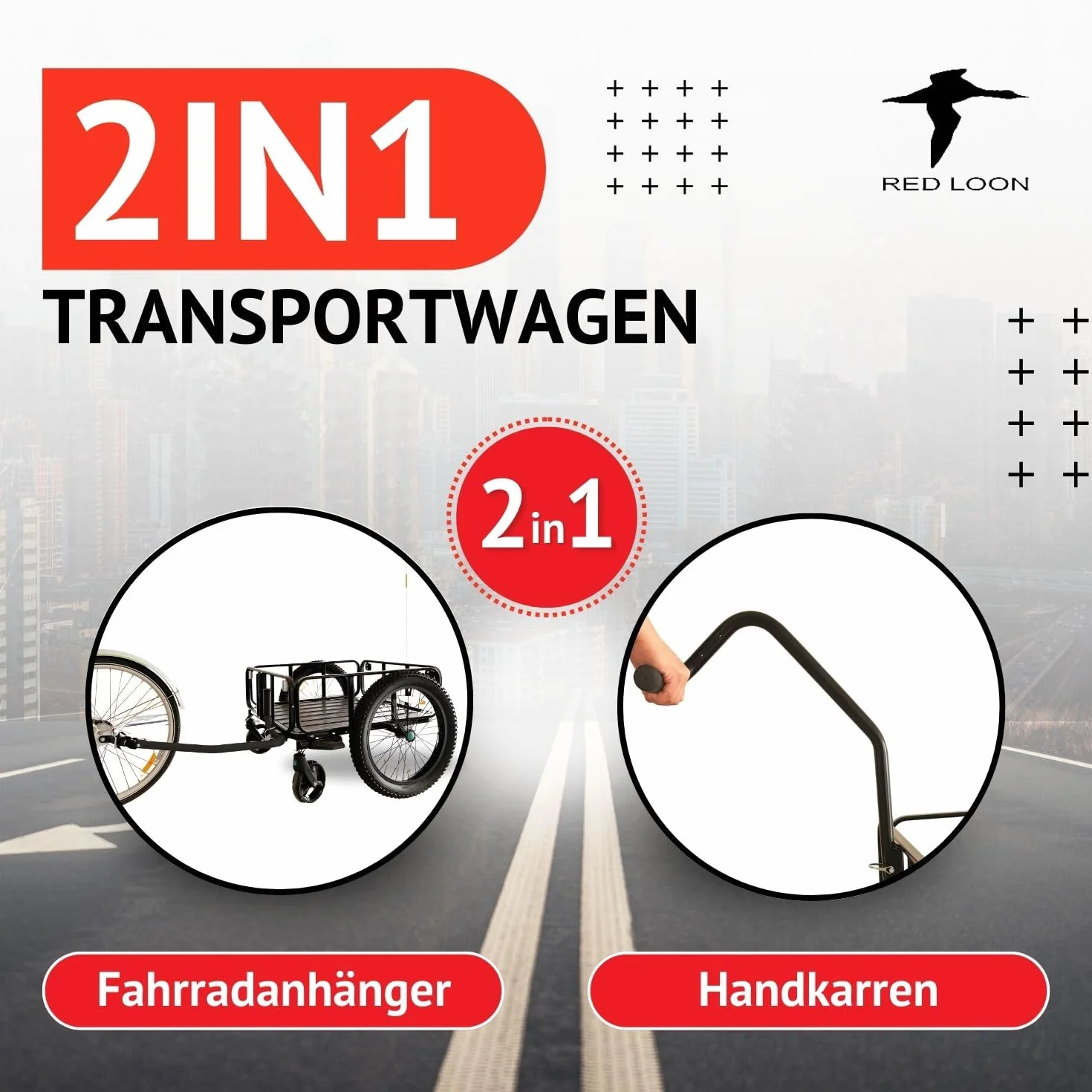 Red Loon BAC502 Remorque de vélo 2 en 1 en aluminium 100 l Pneus extra larges de 20" max. 60 kg Remorque pour vélos de 26" à 28"