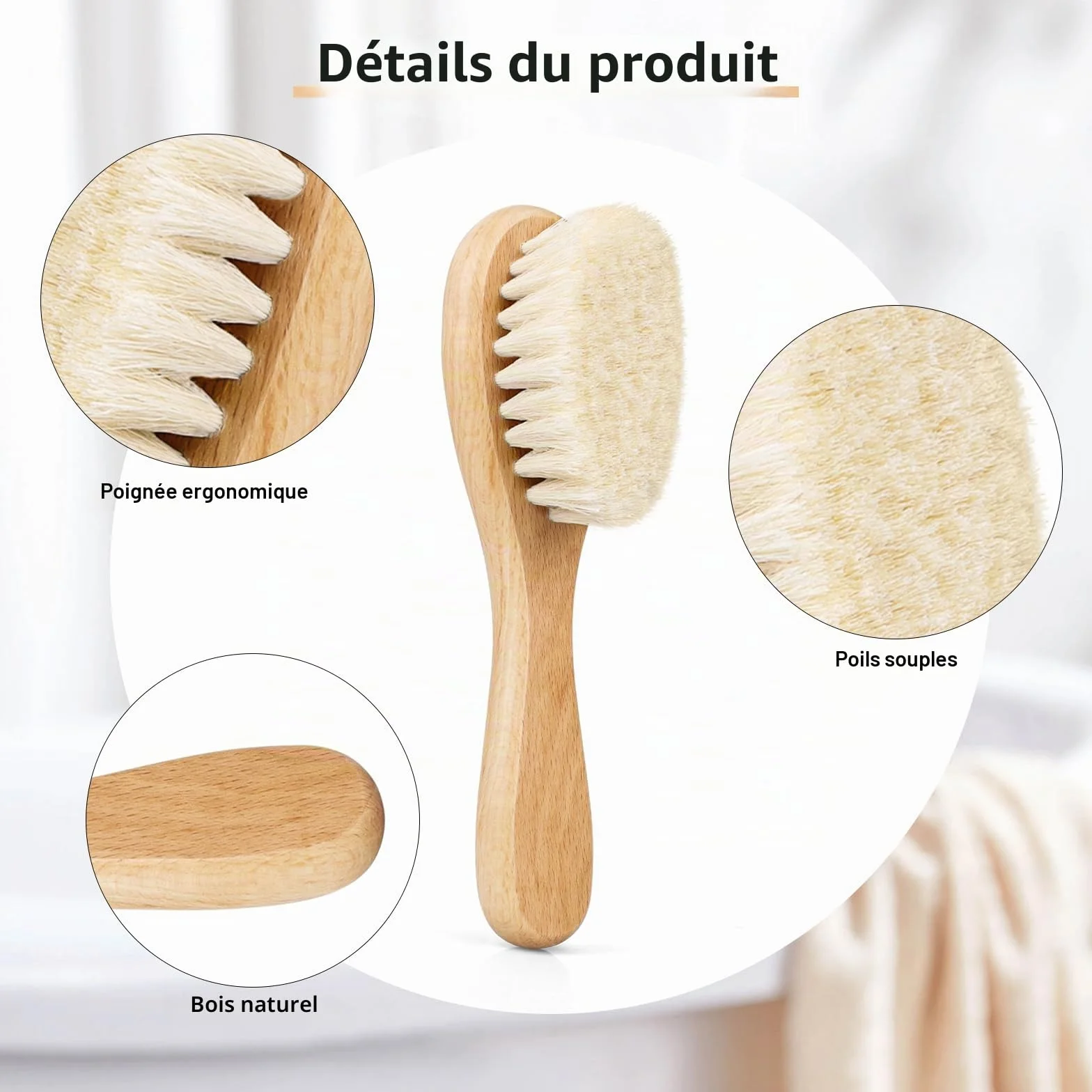 Brosse cheveux bébé en bois poils de chèvre doux pour nouveau-né garçons filles vert