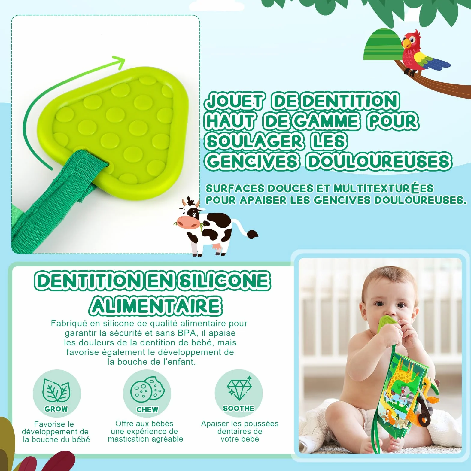 Livre bébé 0-12 Mois en Tissu Montessori Animaux 3D avec Anneau Dentition, Jouet d'éveil sensoriel Tummy Time Lavable
