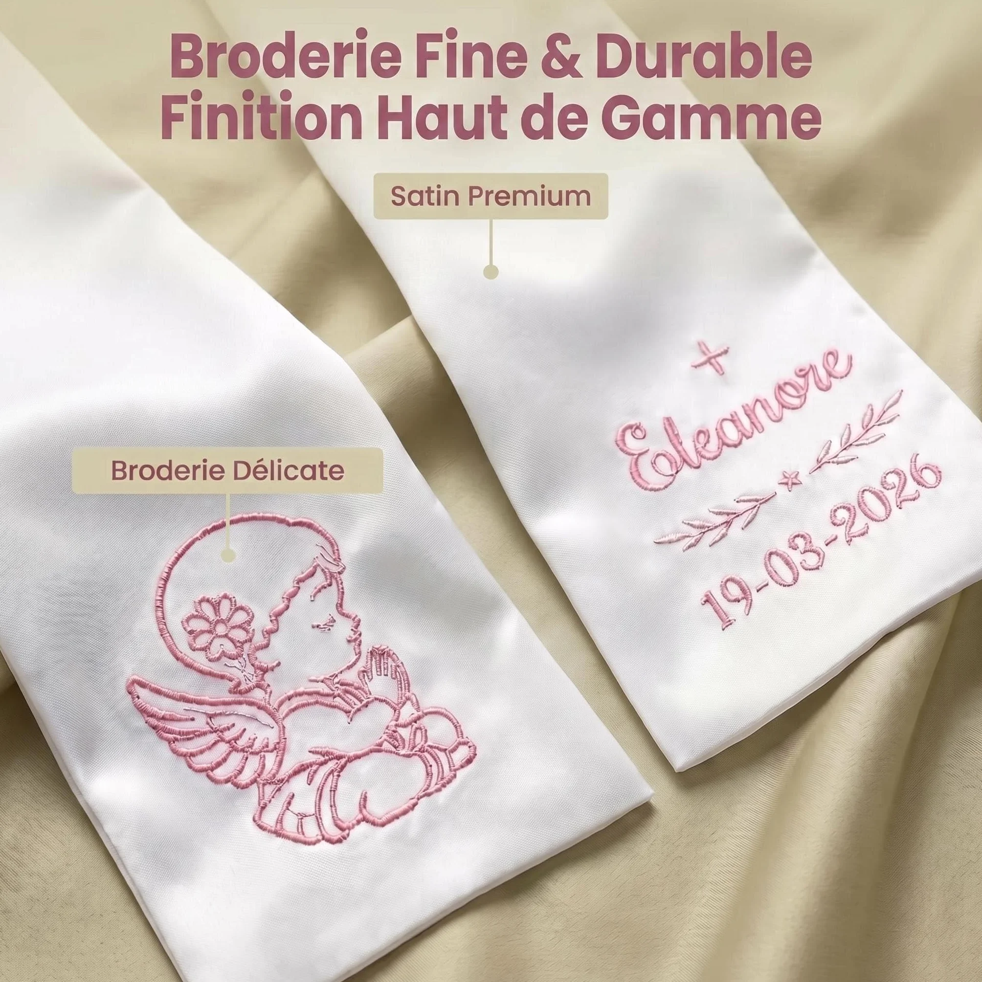 Écharpe de Baptême Personnalisée Enfant, Brodée Prénom et Date, Satin Blanc Ange ou Croix, Cadeau avec Coffret