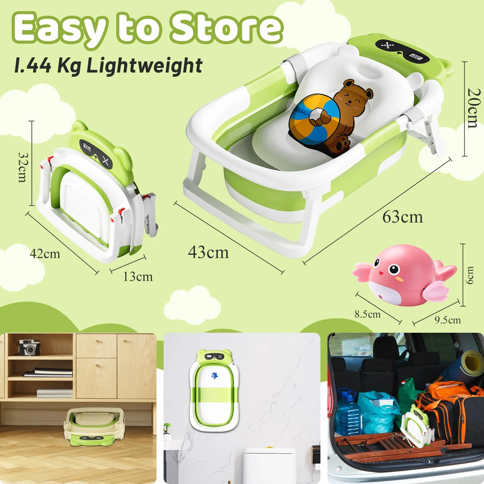 Baignoire Bébé Pliable avec Coussin de Bain et Thermomètre Intégré, Bouchon d'Évacuation, Vert Ours