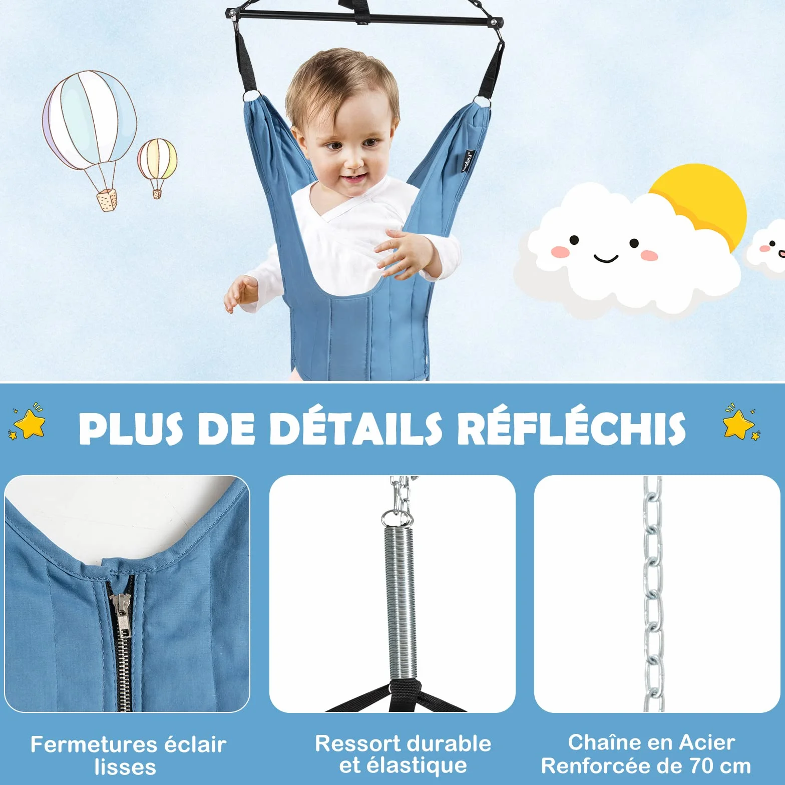 COSTWAY Sauteur de Porte Bébé 6-12 Mois, Siège Suspendu Chaîne Réglable 29-93 cm, Tissu TC Tube Fer, Charge Max 12KG, Bleu