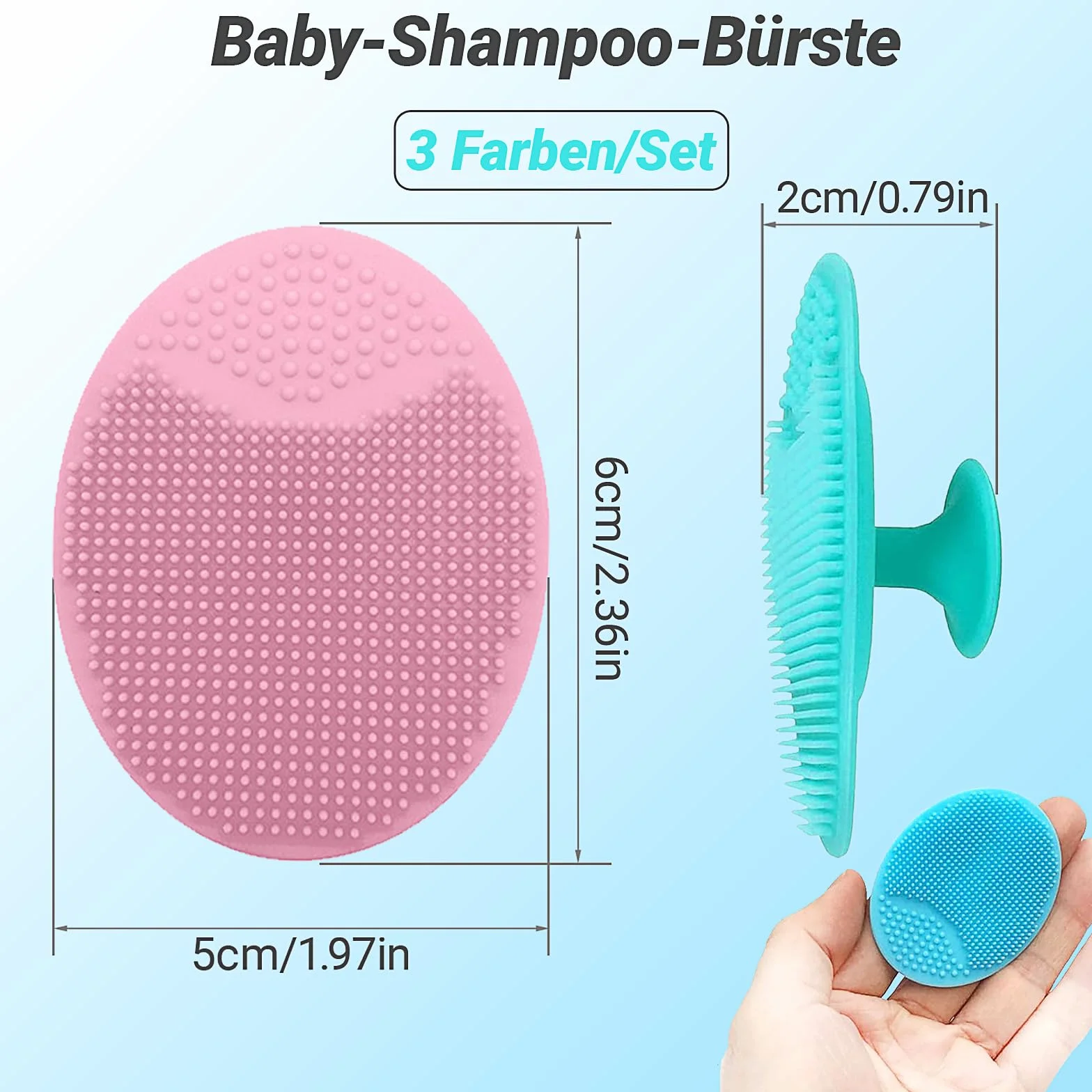 Brosse de bain bébé silicone set 3 brosses massage exfoliante peau sèche croûtes langes eczéma bleu vert rose