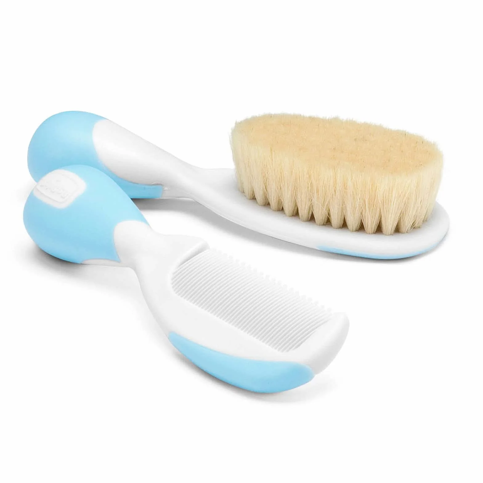 Chicco Ensemble Brosse à Cheveux et Peigne pour Bébé, Poils Naturels Doux, Bouts Arrondis, Antidérapant, Bleu