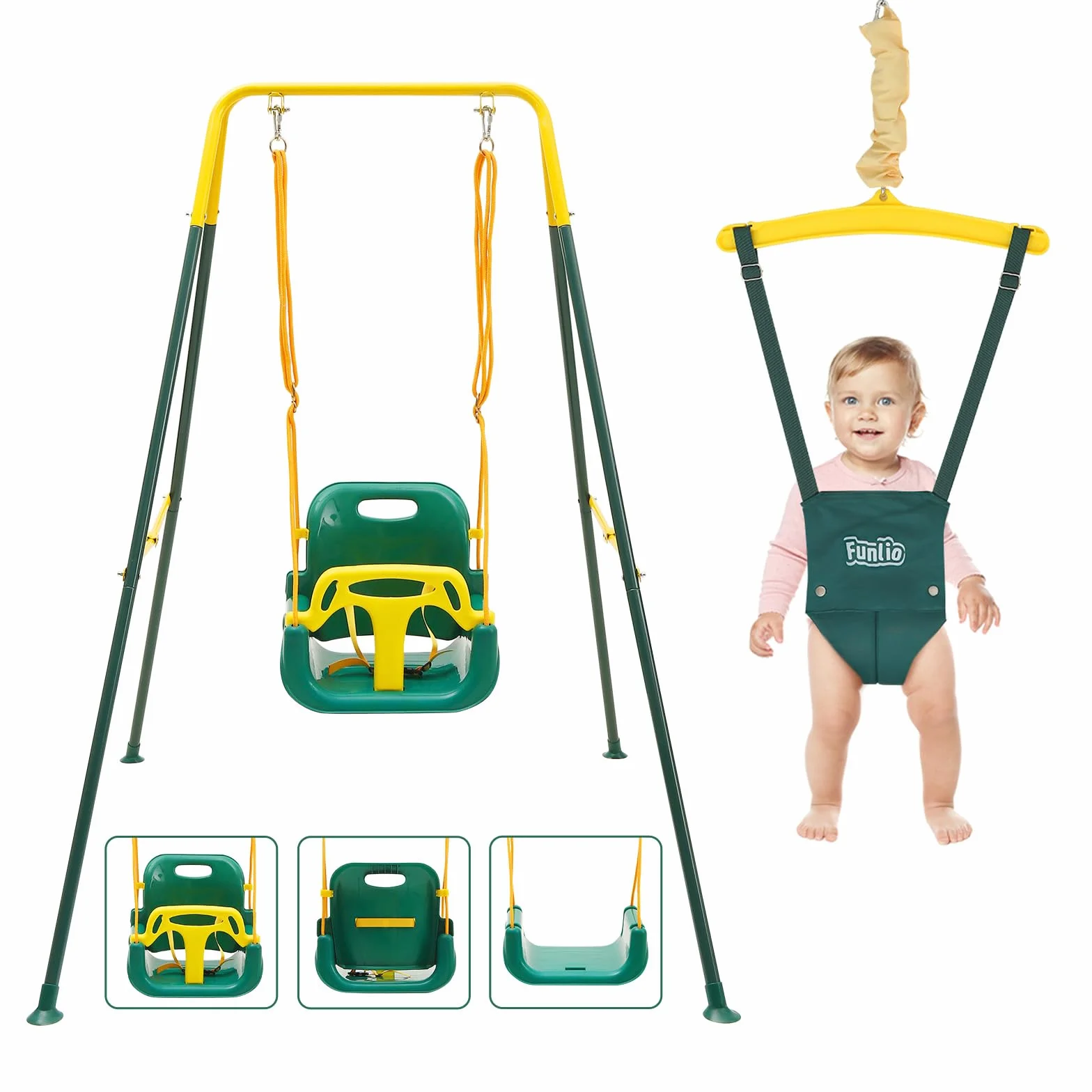 FUNLIO balançoire 2 en 1 pour bébé avec sièges sauteurs suspendus, support en métal pliable, vert