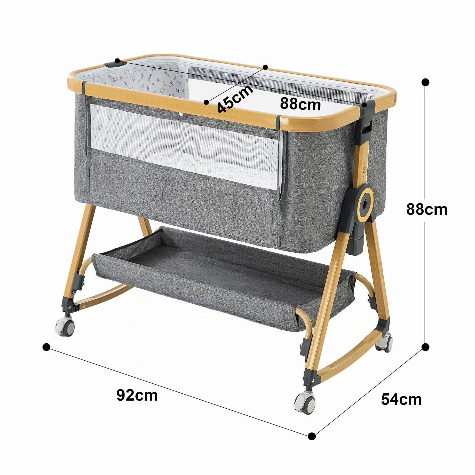 YAZOCO Berceau Bébé 3 en 1 Lit Cododo avec Matelas, Hauteur Réglable 6 Niveaux, Inclinaison 5° Scientifique, Panier Rangement Gris