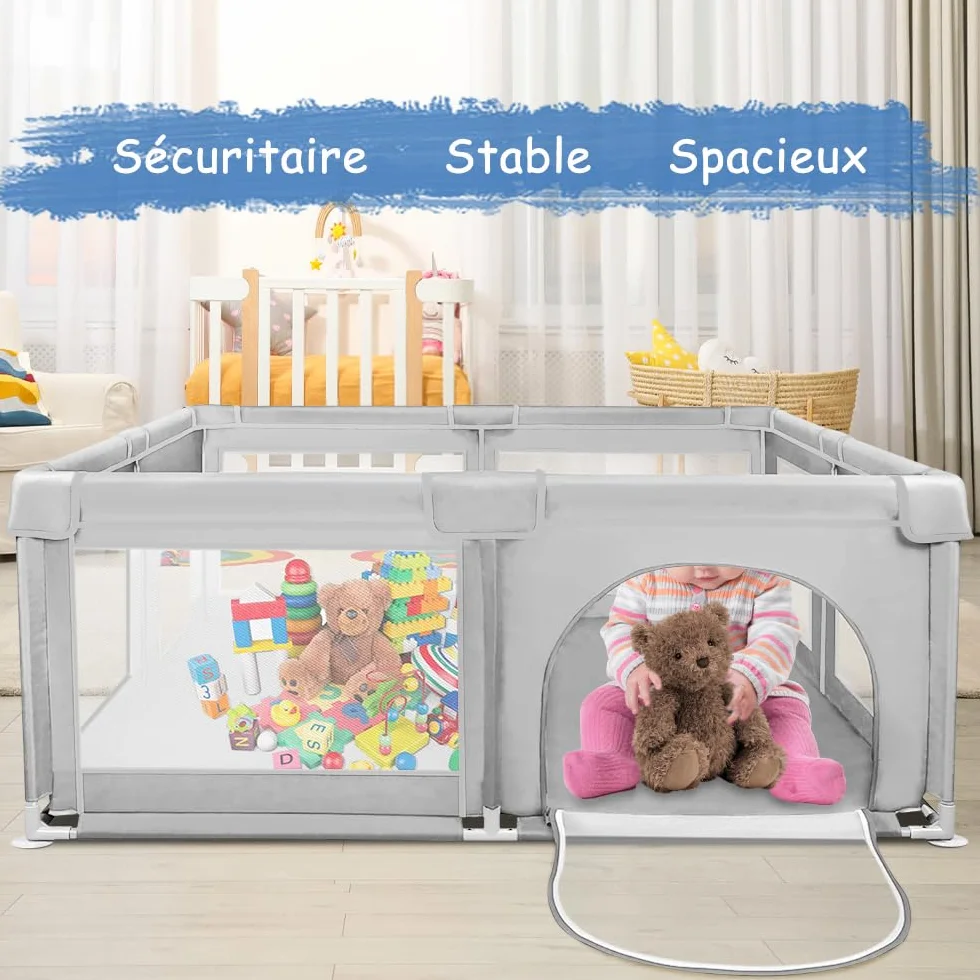 Parc Bébé avec 4 Ventouses et Porte Zippée, Clôture Bébé Tissu Oxford Gris clair 120x120x66cm