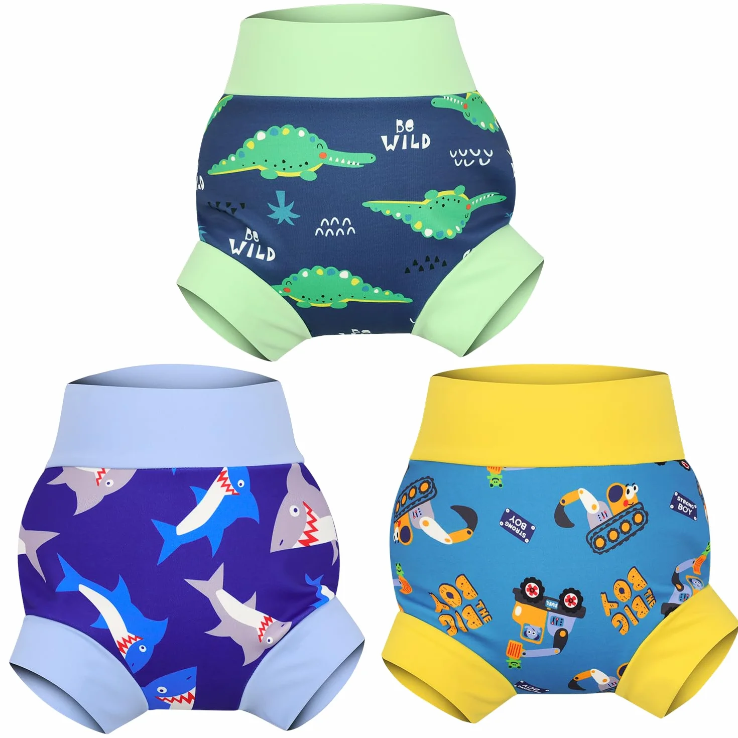 MOEMOE BABY Couches de Bain Réutilisables Imperméable Piscine 3 Paquets Requin Crocodile Excavateur 3-4 Ans