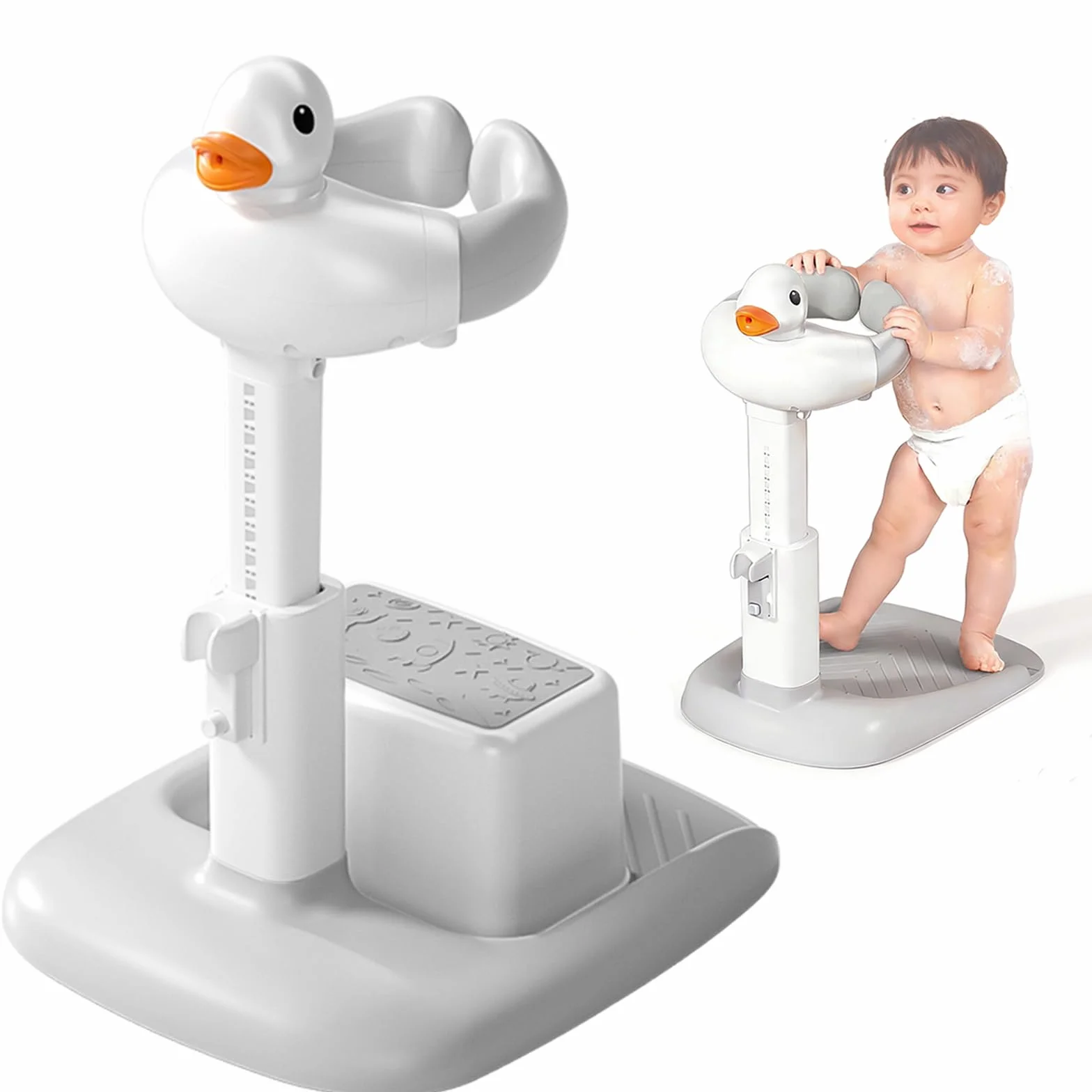 Support de Bain Bébé Debout avec Canard Sonore, Douchette Réglable en Hauteur, Siège Antidérapant 6-36 Mois