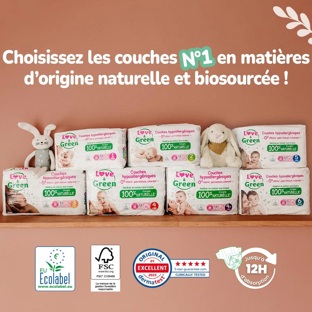 Love & Green Couches Bébé Taille 2 (3-6 kg) 36 couches Absorbante anti-fuites